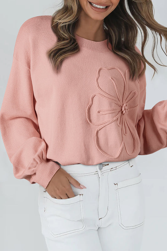 Peach Blossom Big Flower Accent Bubble Sleeve Drop Shoulder Sweater