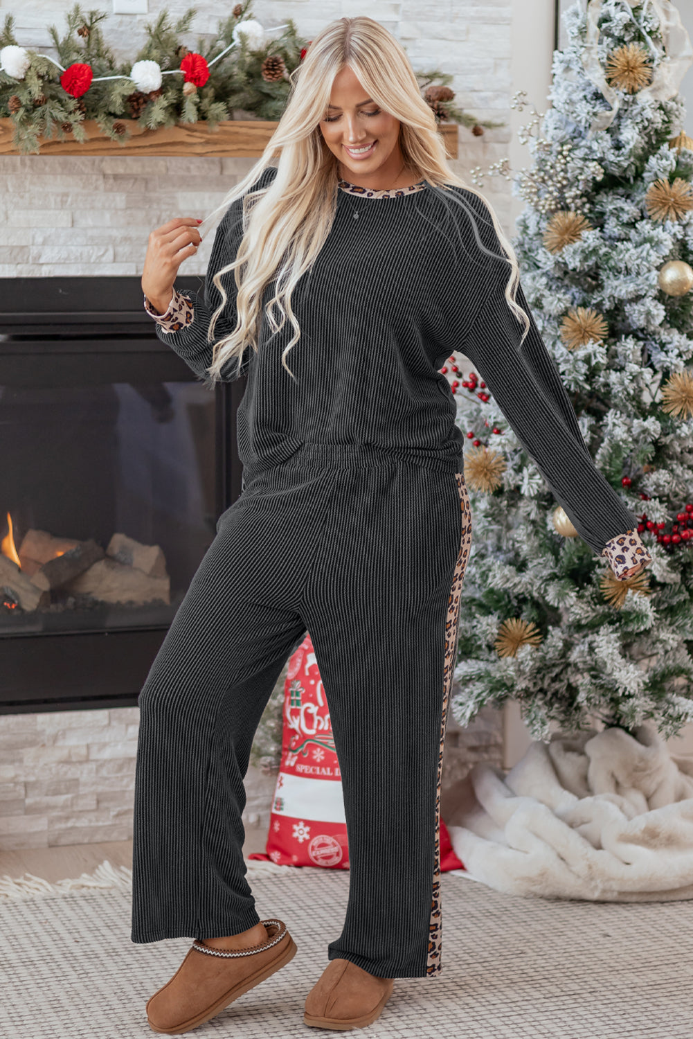 Carbon Grey Twisted Rib Texture Leopard Patchwork Detail 2pcs Pant Set