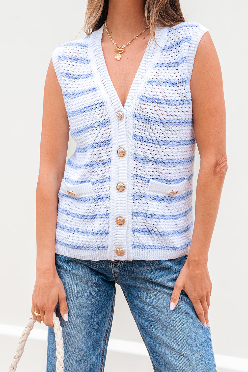 Sky Blue Stripe V Neck Gold Buttons Elegant Sweater Vest