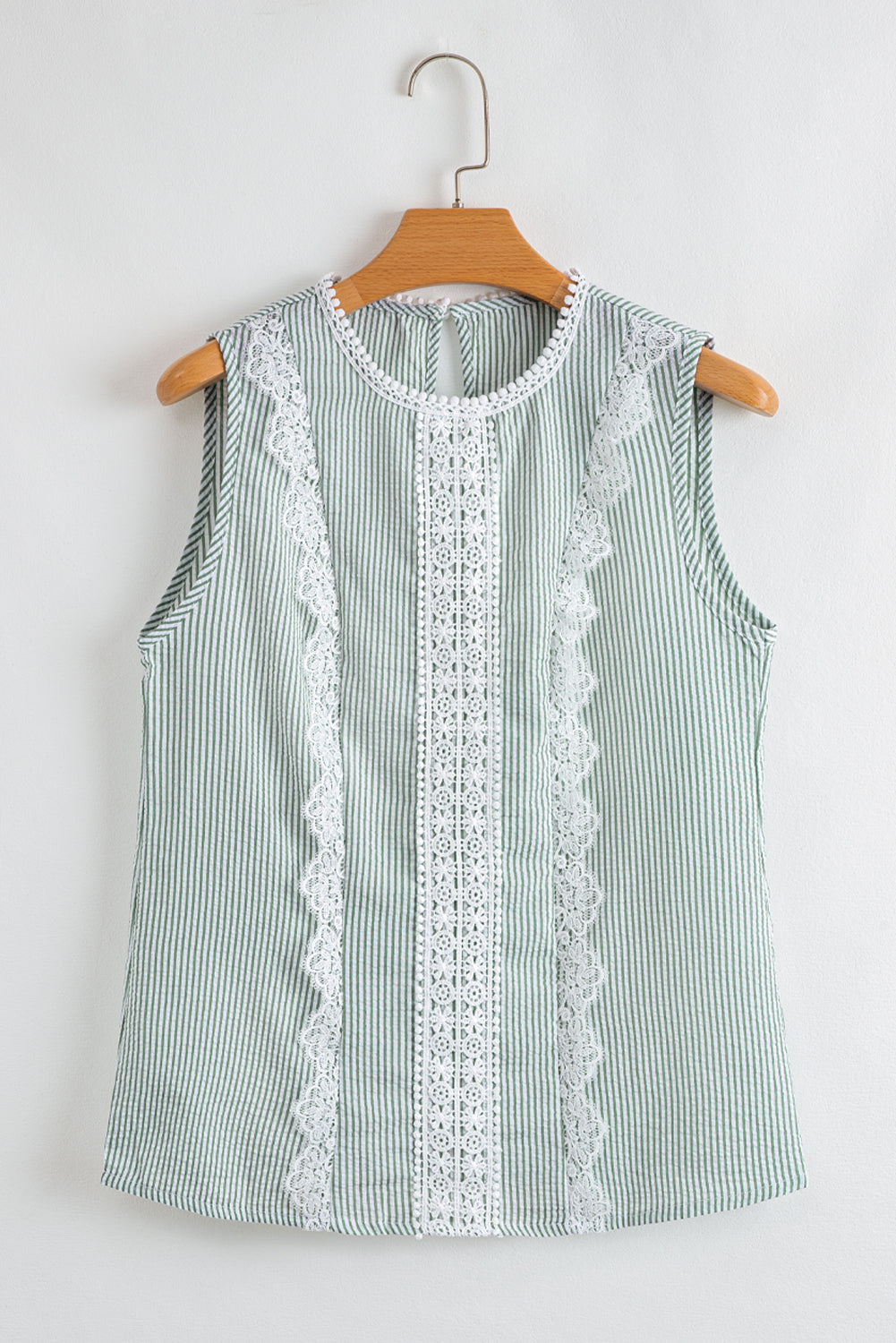 Green Stripe Lace Patchwork Crew Neck Tank Top