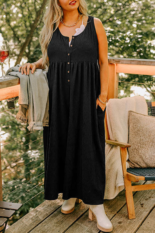 Black Plus Size Sleeveless Button Front Loose Jumpsuit