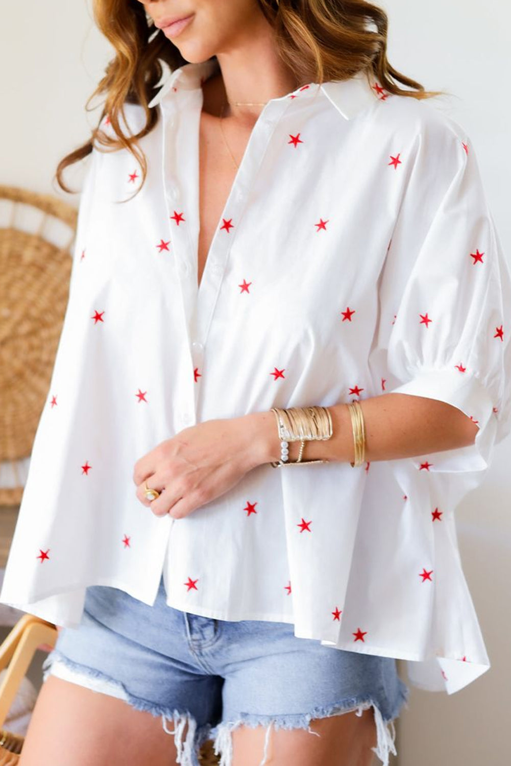 White Little Stars Printed Loose Half Sleeve Loose Shirt