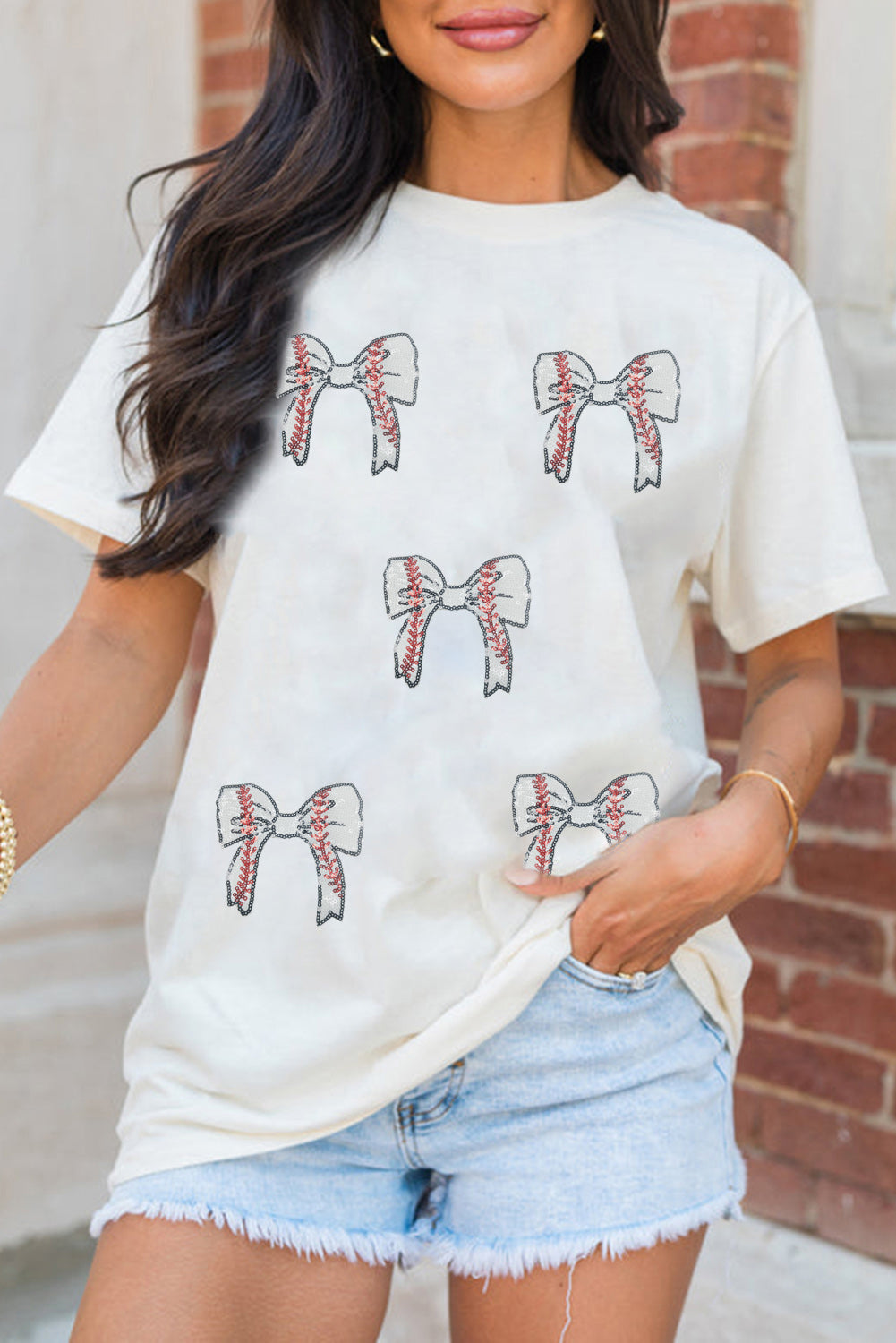 White Glitter Baseball Bow Patched Cotton Blend T Shirt
