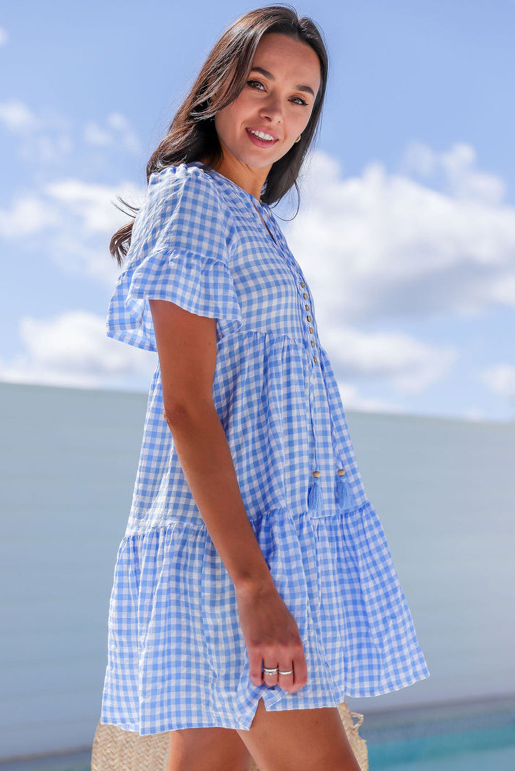 Sky Blue Gingham Short Sleeve Button Tie Split Neck Loose Mini Dress