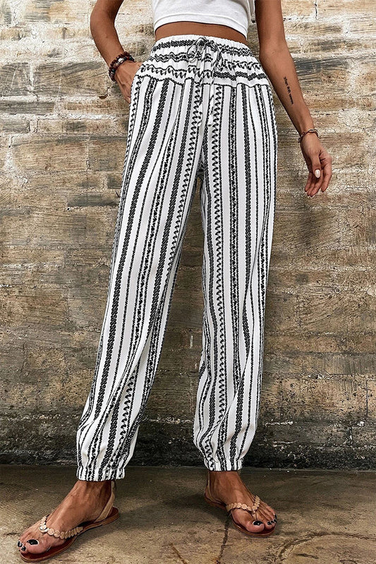 Black Stripe Boho Print Drawstring Elastic Waistband Casual Joggers