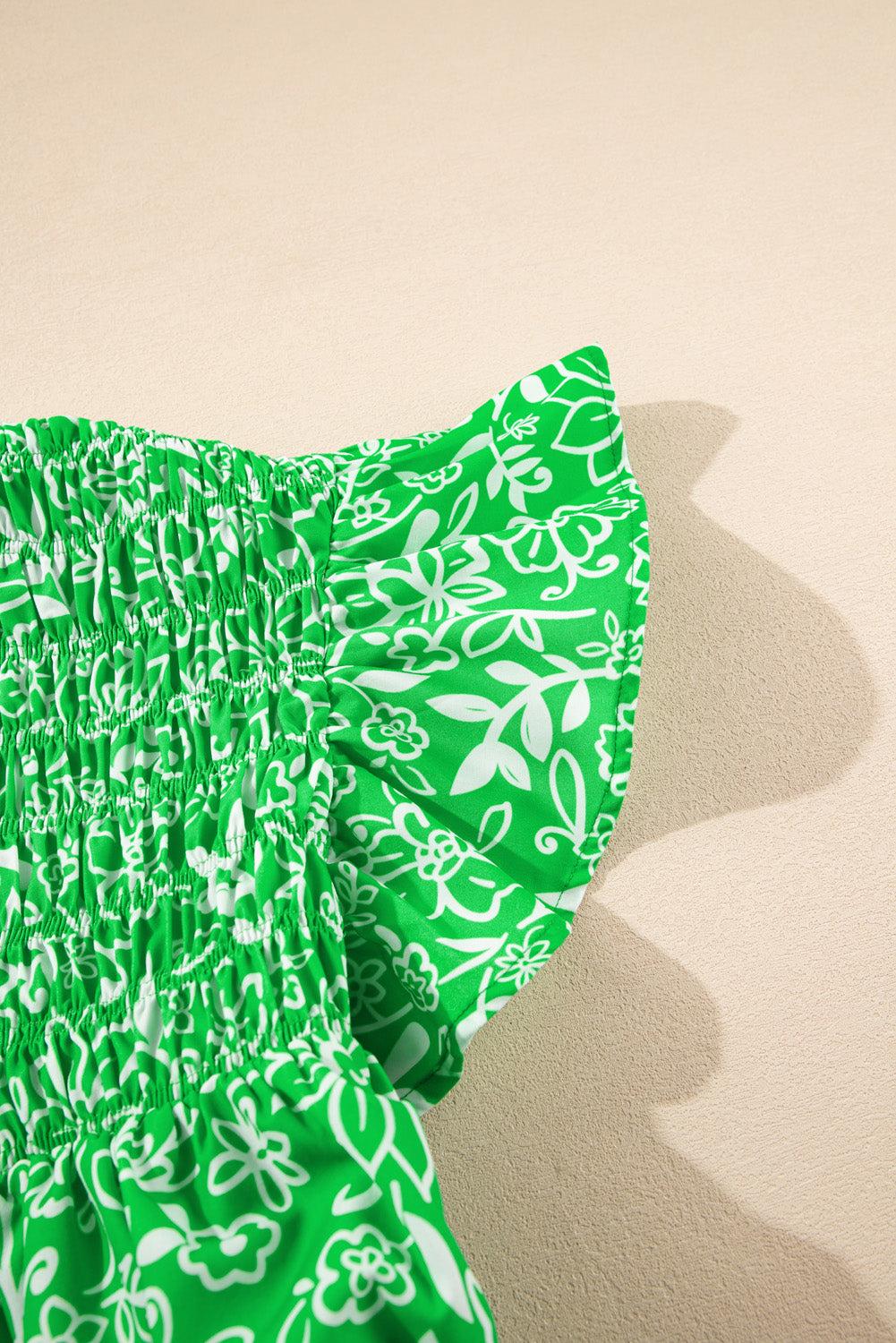 Green Floral Flutter Sleeve Shirred Notched Neck Plus Size Blouse