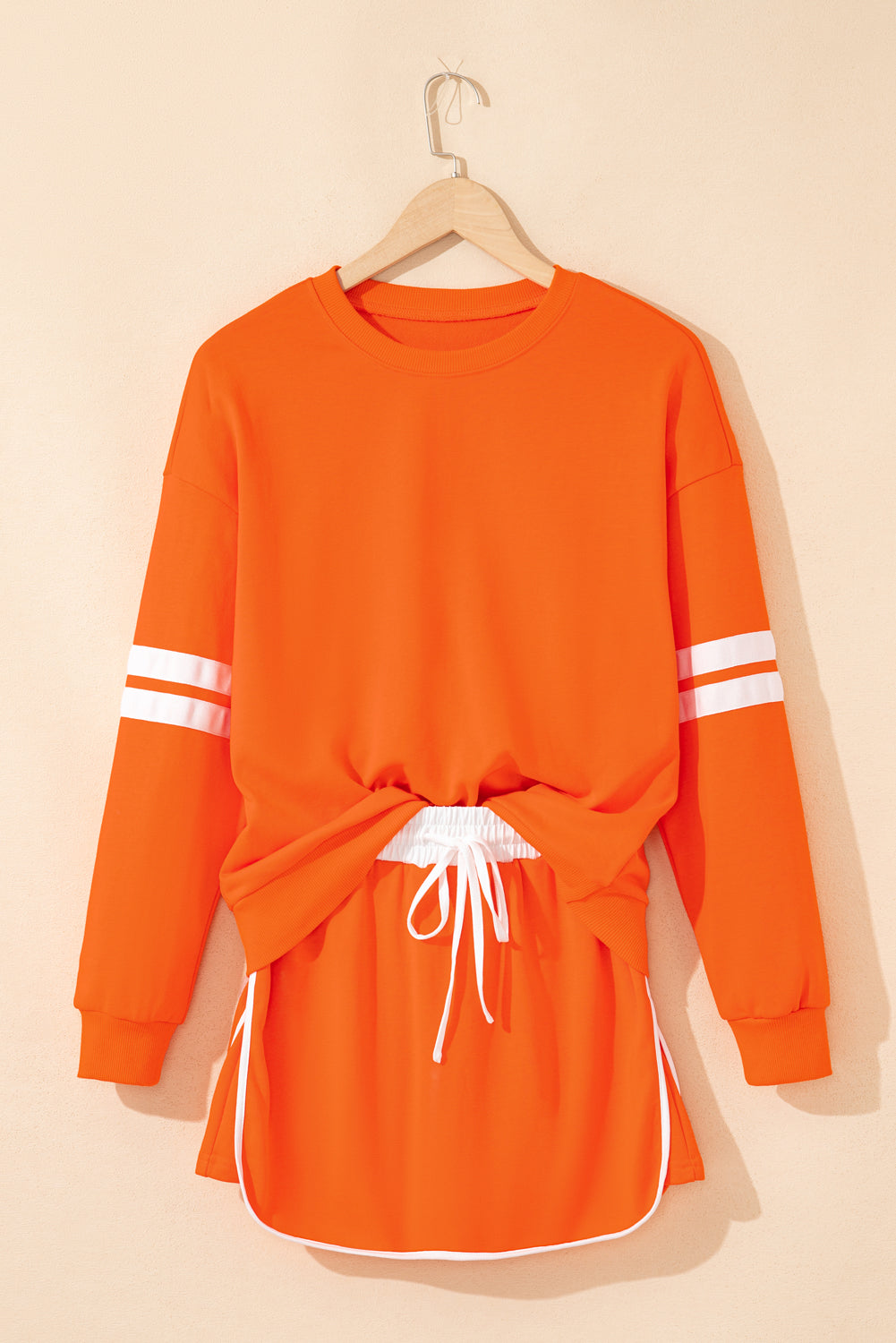Orange Varsity Stripe Detail Drop Shoulder Pullover Mini Skirt Set