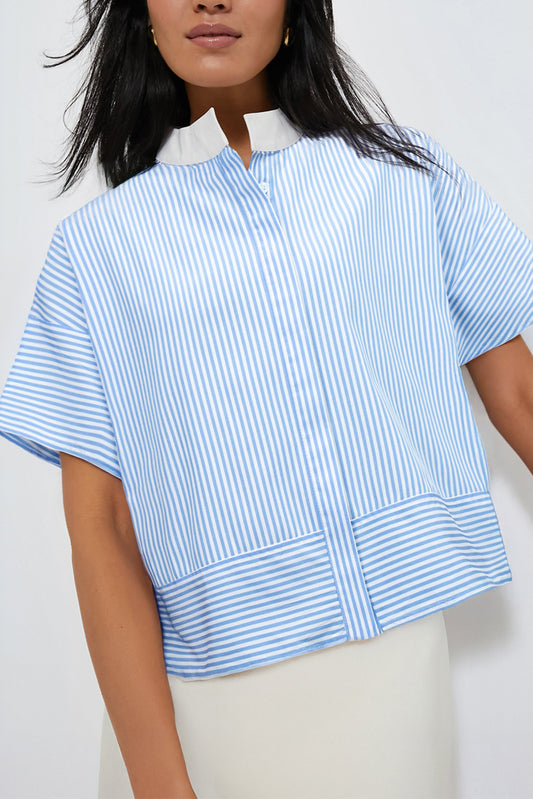 Sky Blue Stripe Contrast Collar Patchwork Hidden Button Short Sleeve Summer Shirt
