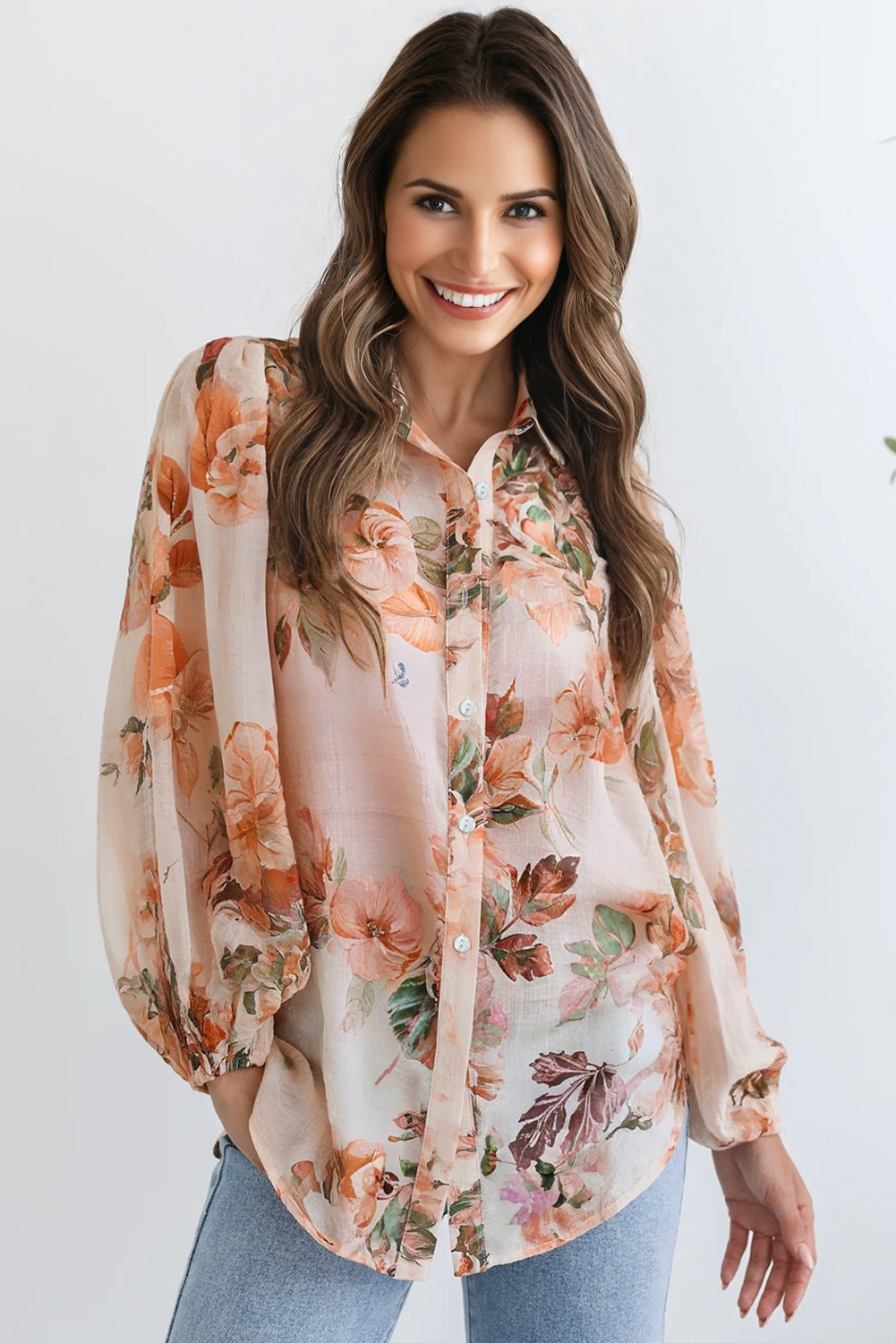 Orange Floral Puff Sleeve Lightweight Shirt