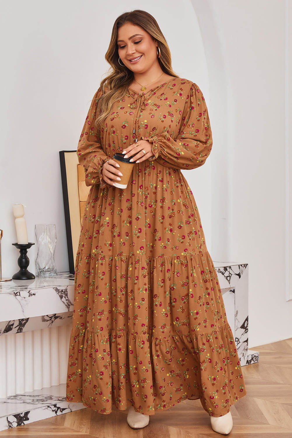 Brown Plus Size Floral Split V Neck Ruffled Sleeve Tiered Maxi Dress