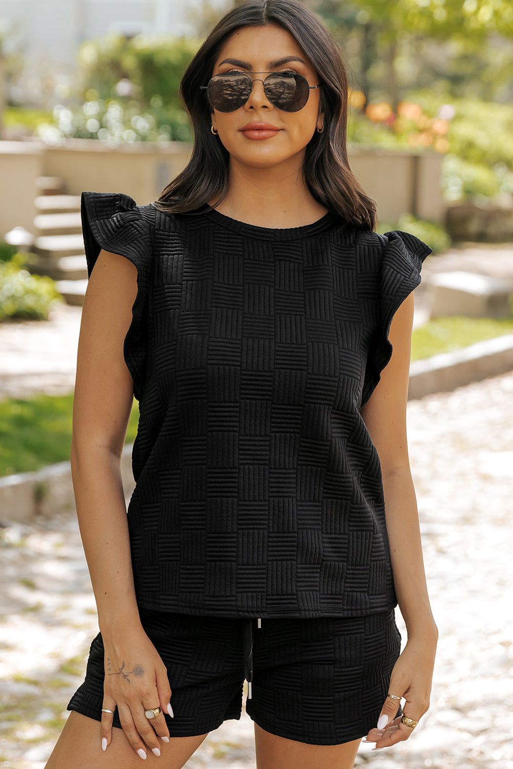 Black Textured Ruffled Sleeve Tee and Drawstring Elastic Waistband Shorts Set