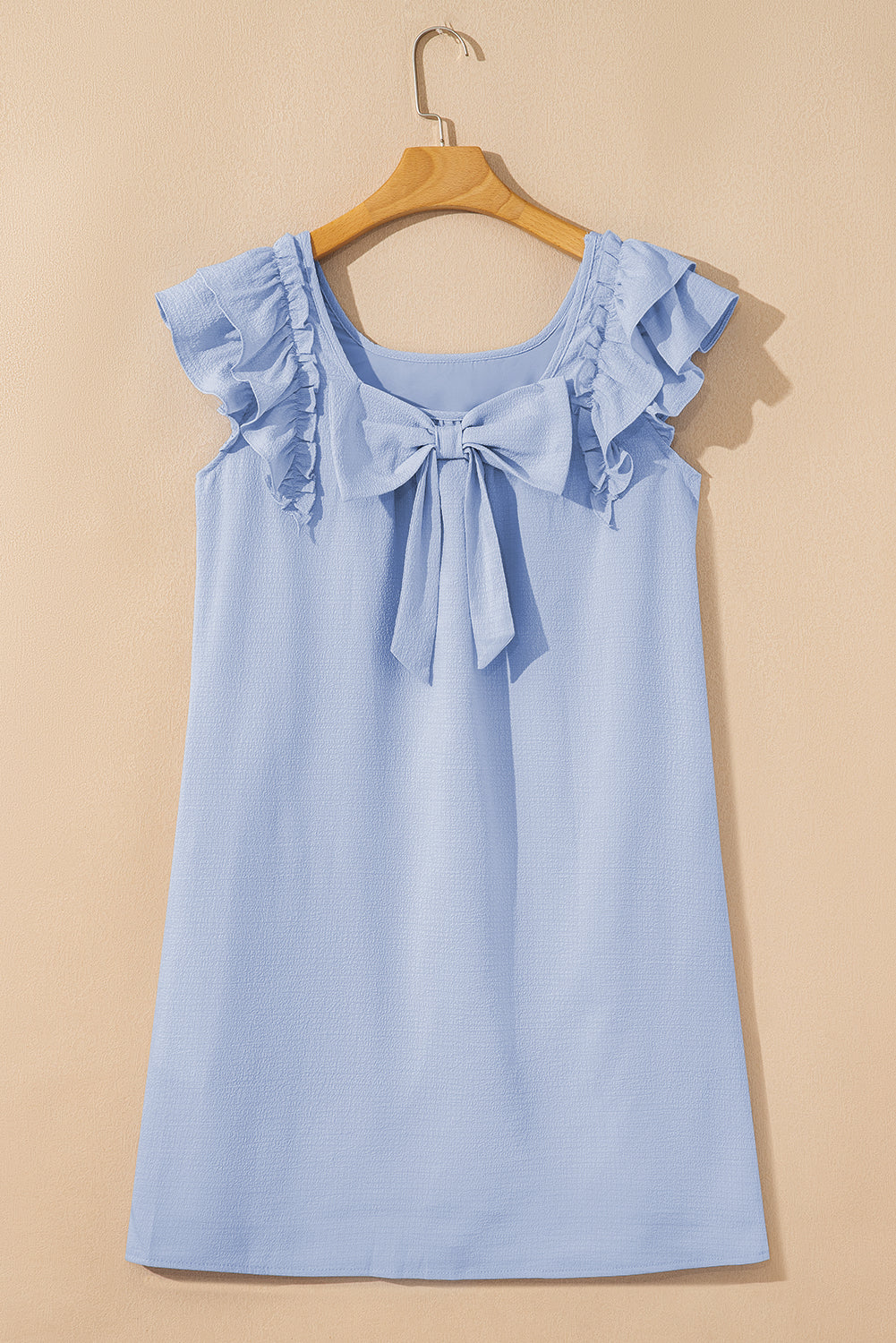 Beau Blue Textured Flutter Sleeve Square Neck Bow Back Mini Dress