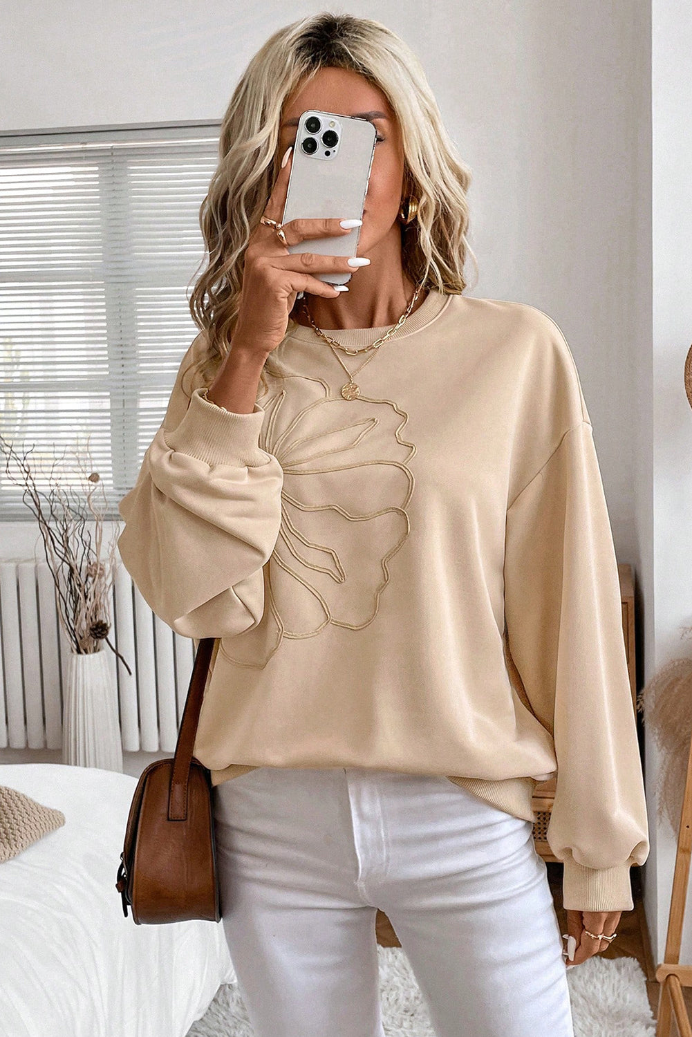 Parchment Embroidered Flower Pattern Drop Shoulder Sweatshirt