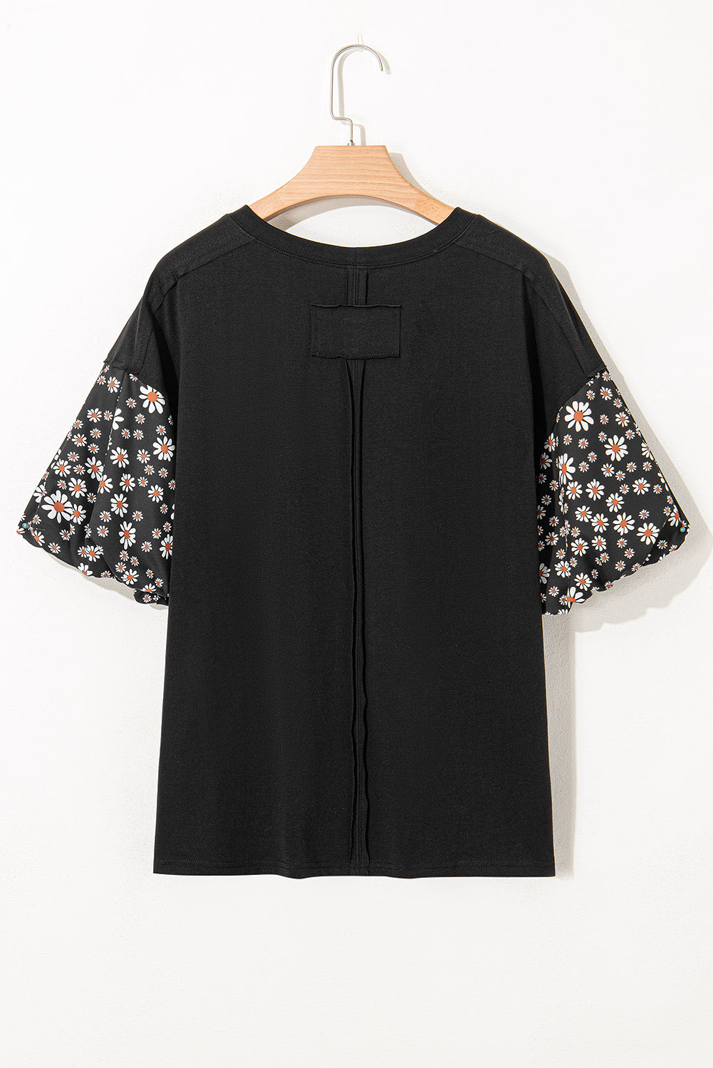 Black Contrast Floral Puff Sleeve Oversized Top