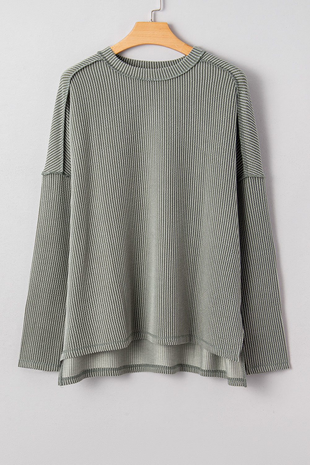 Green Bay Twist Ribbed Exposed Seam Detail Long Sleeve Loose Top