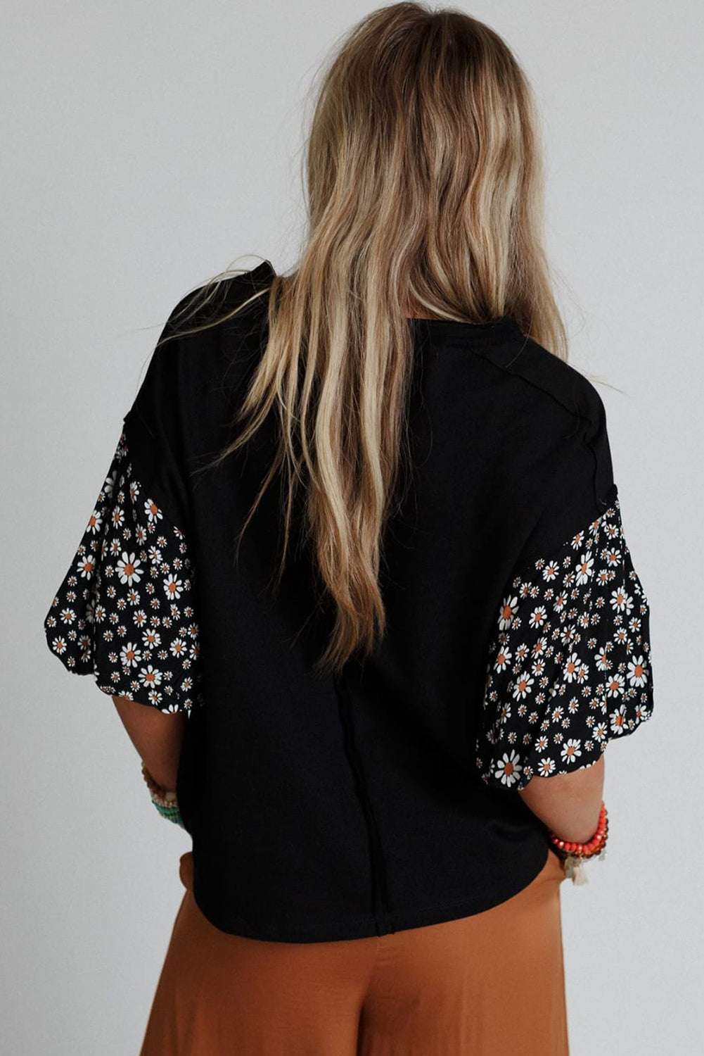 Black Contrast Floral Puff Sleeve Oversized Top