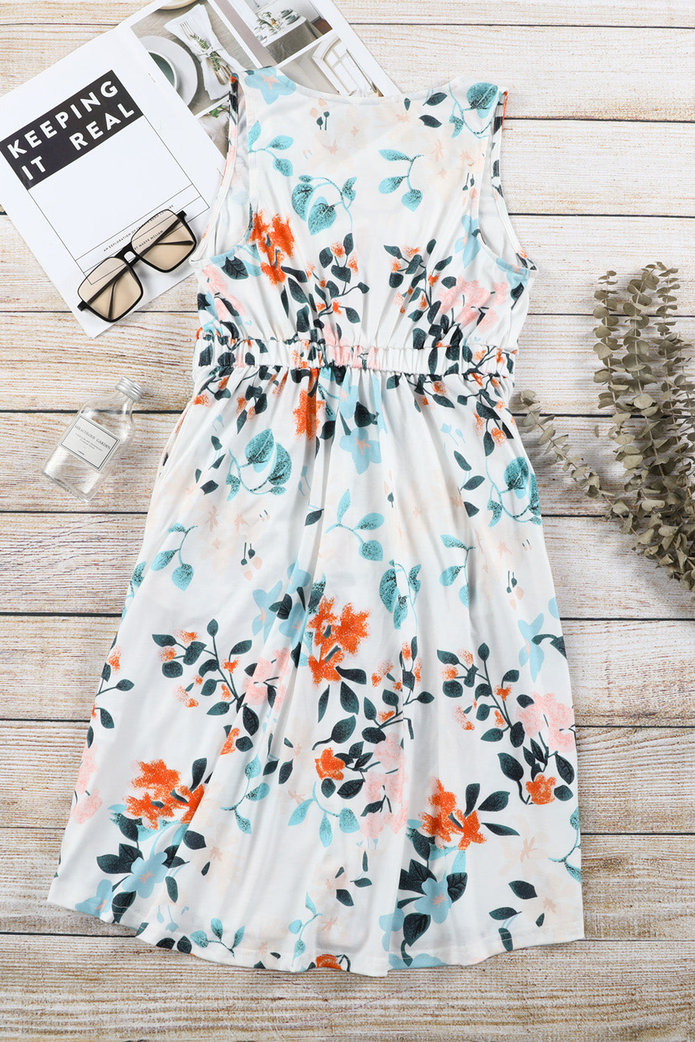White Gray Floral Printed Sleeveless Button Up High Waist Mini Dress