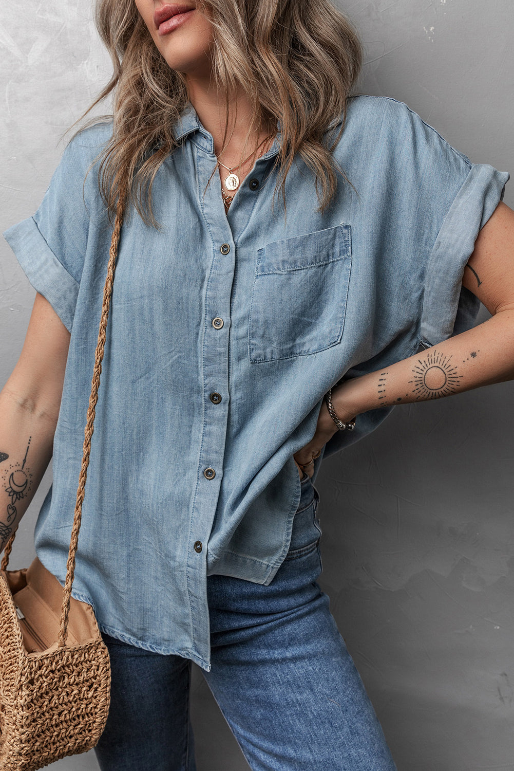 Dusk Blue Folded Short Sleeve Patched Pocket Denim Shirt