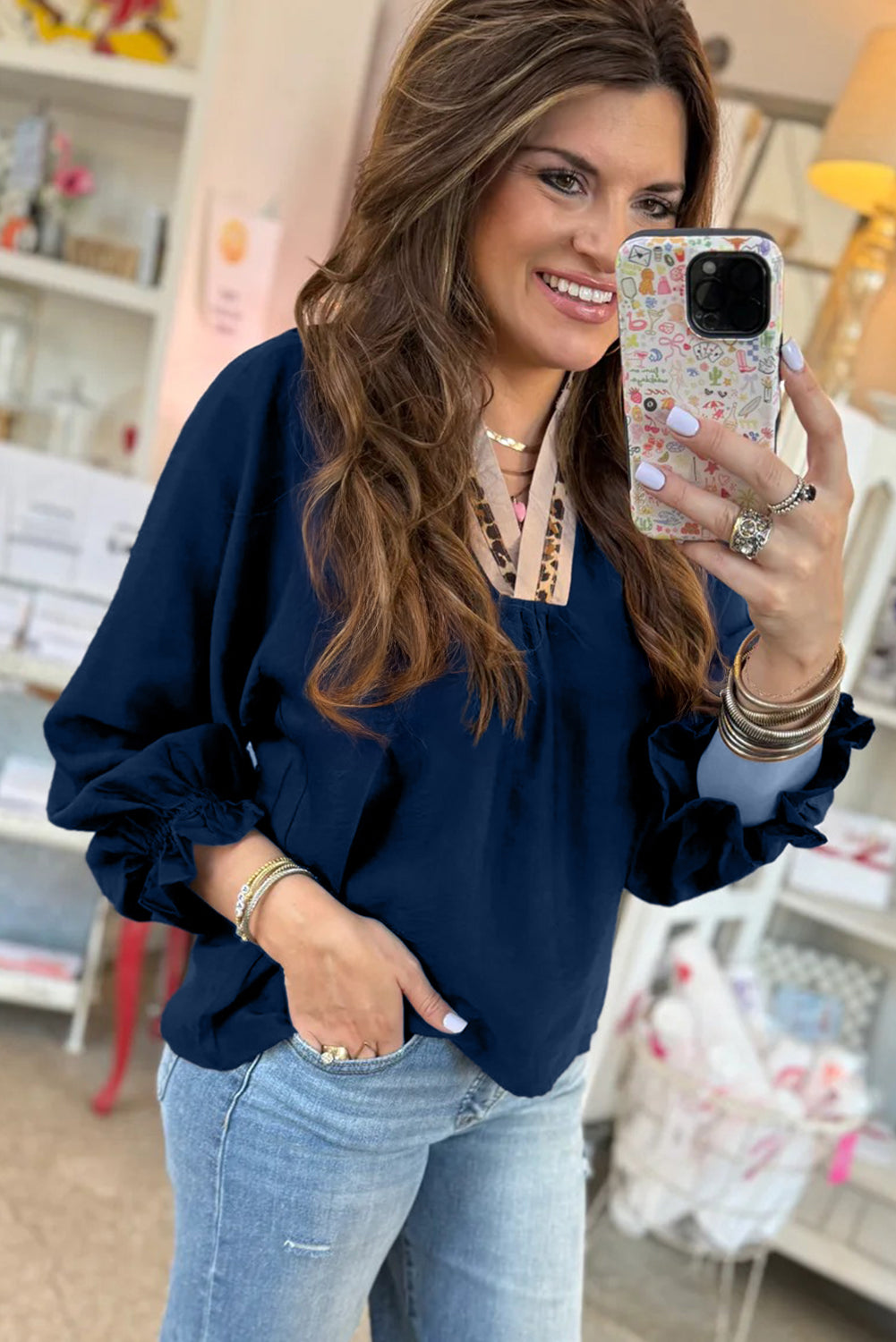 Violet Leopard Trim V Neck Flounced Bracelet Sleeve Blouse