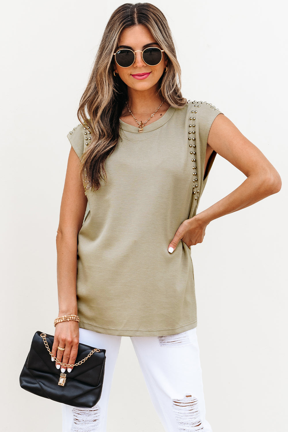 Sage Green Studded Cap Sleeve Round Neck T Shirt