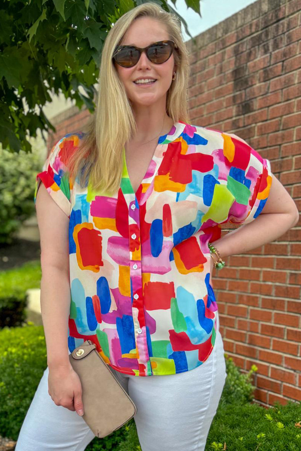 Colorful Brush Stroke Printed Plus Size Button Split Neck Blouse