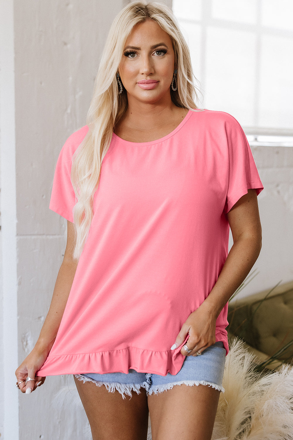 Pink Frilled Hem Loose T-Shirt