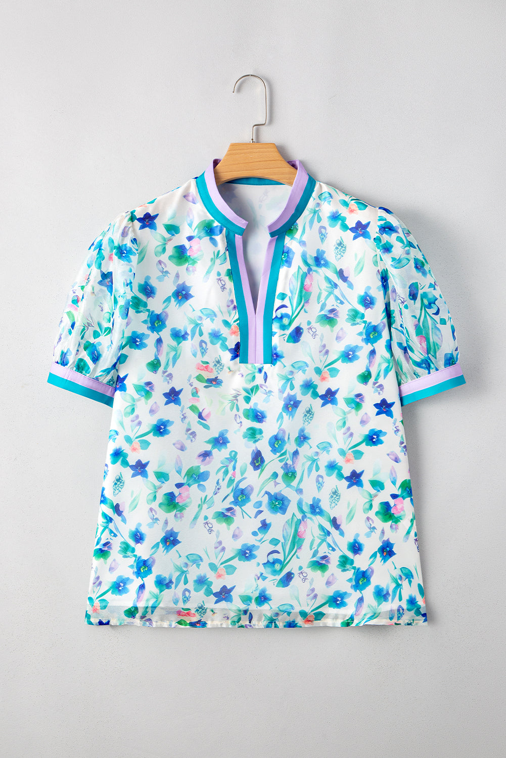 Green Floral Print Colorblock Edge Puff Sleeve Split Neck Plus Size Blouse