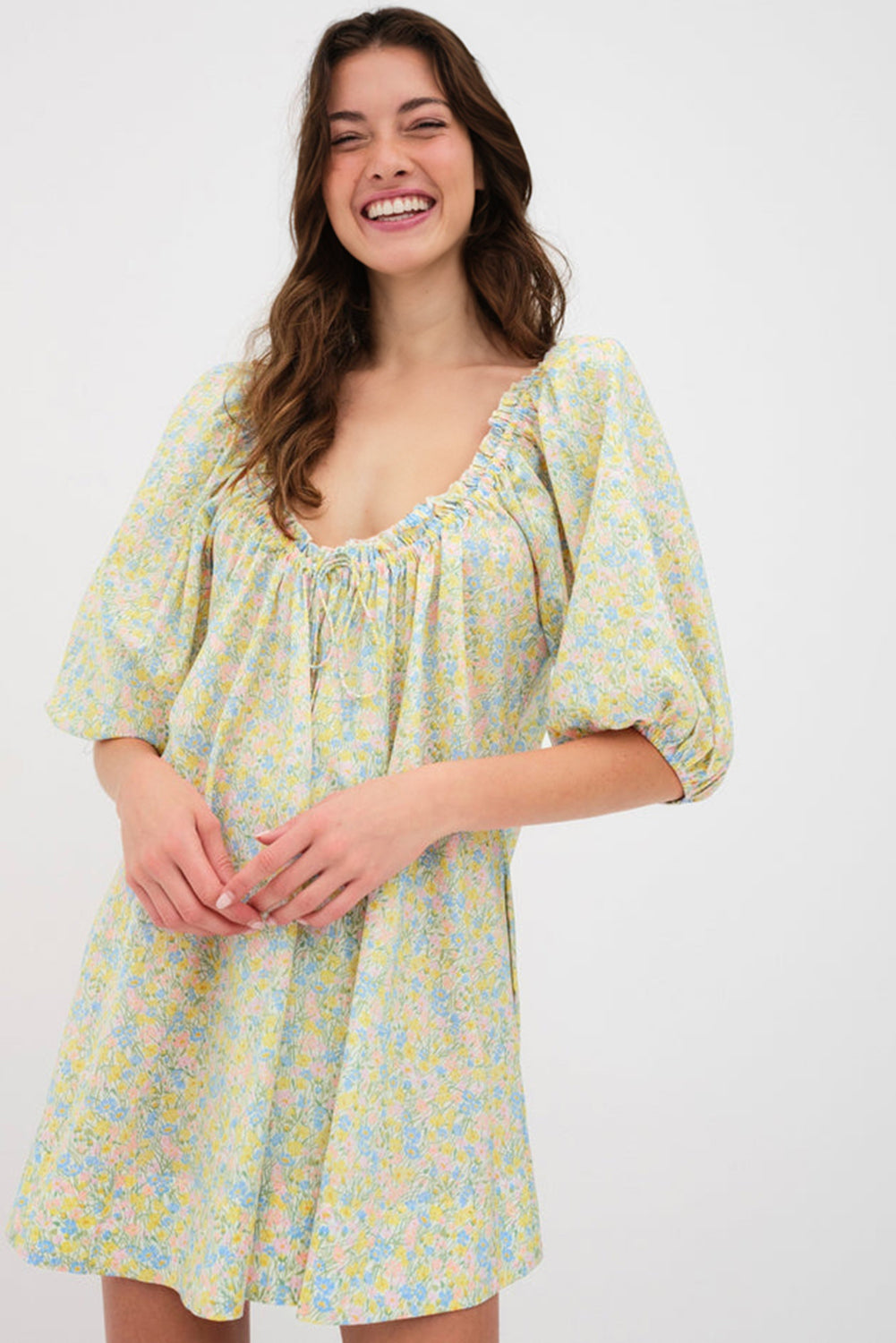 Green Floral Half Sleeve Frilled U Neck A-line Short Dress