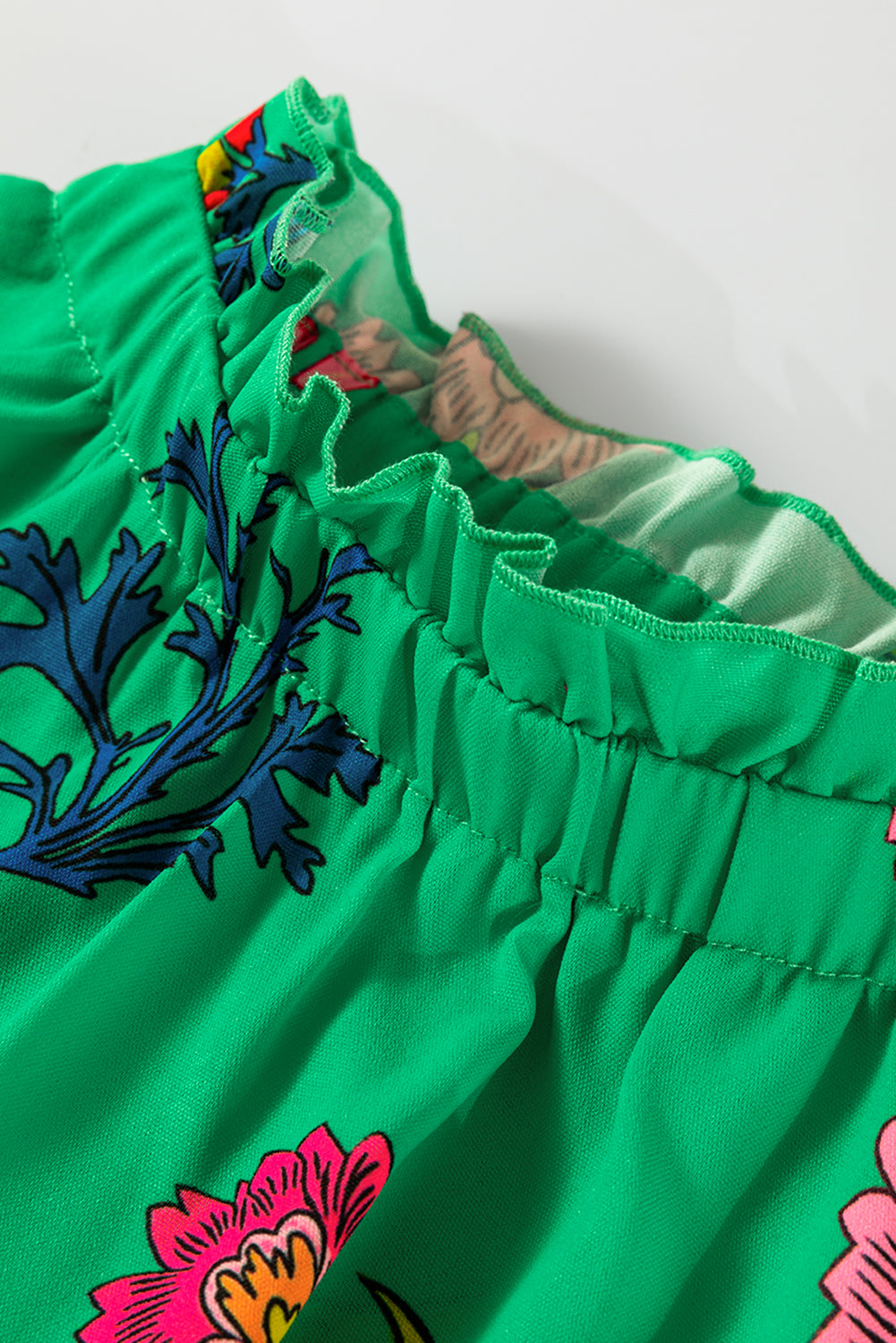 Green Floral Print Flutter Sleeve Frilly Neck Blouse