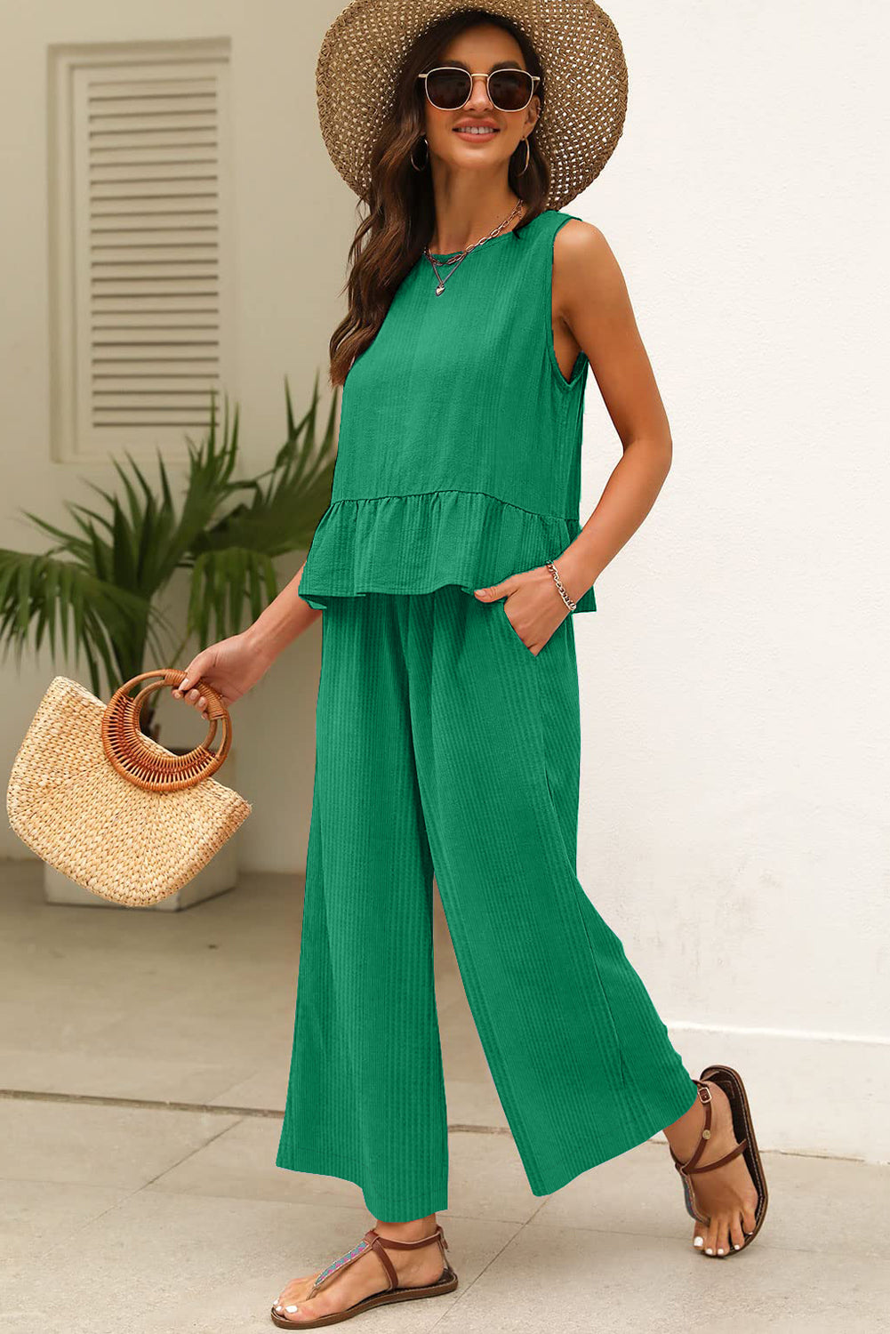 Green Solid Color Ribbed Ruffle Tank Top and Pants Set
