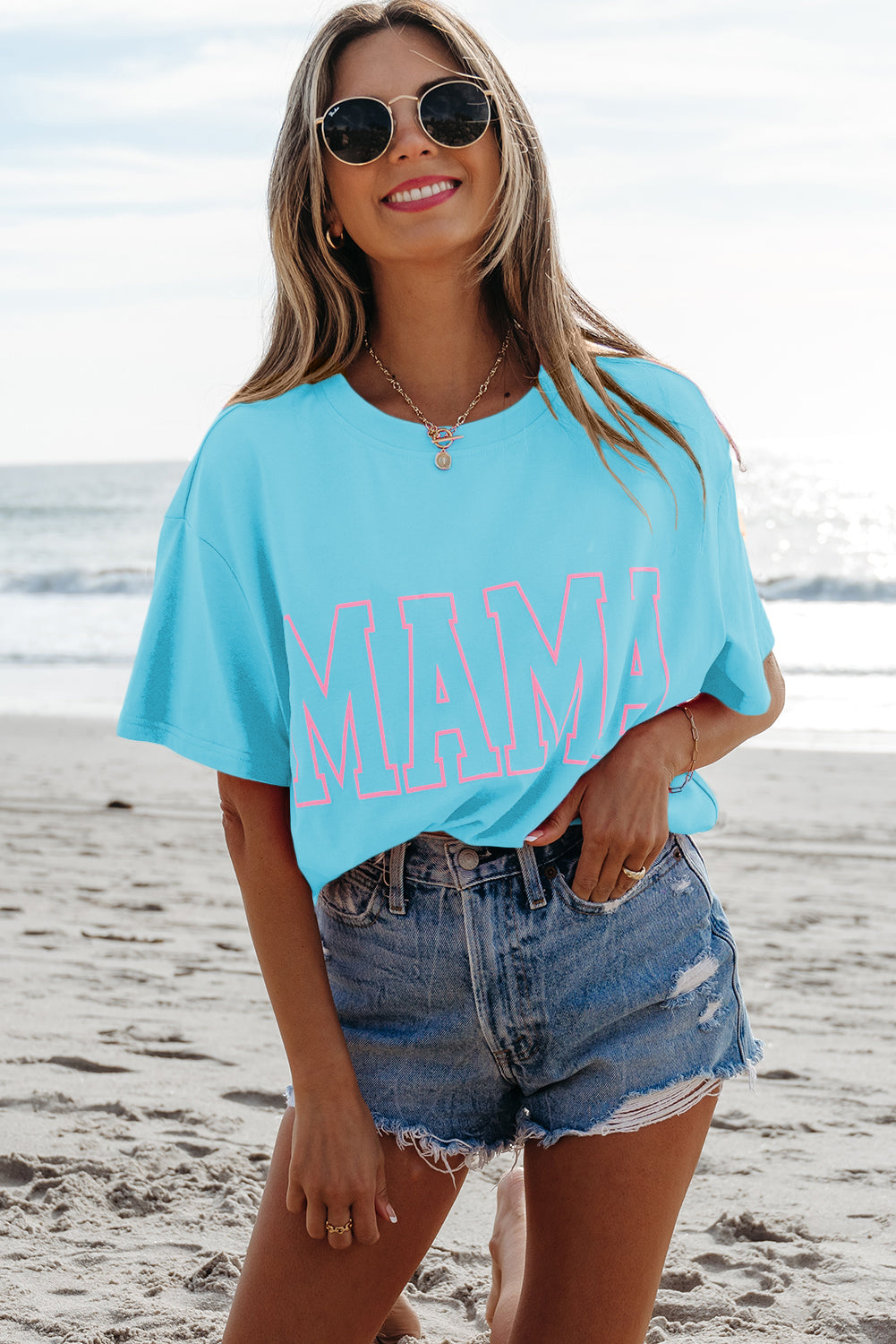 Light Blue MAMA Letter Graphic Neon T Shirt