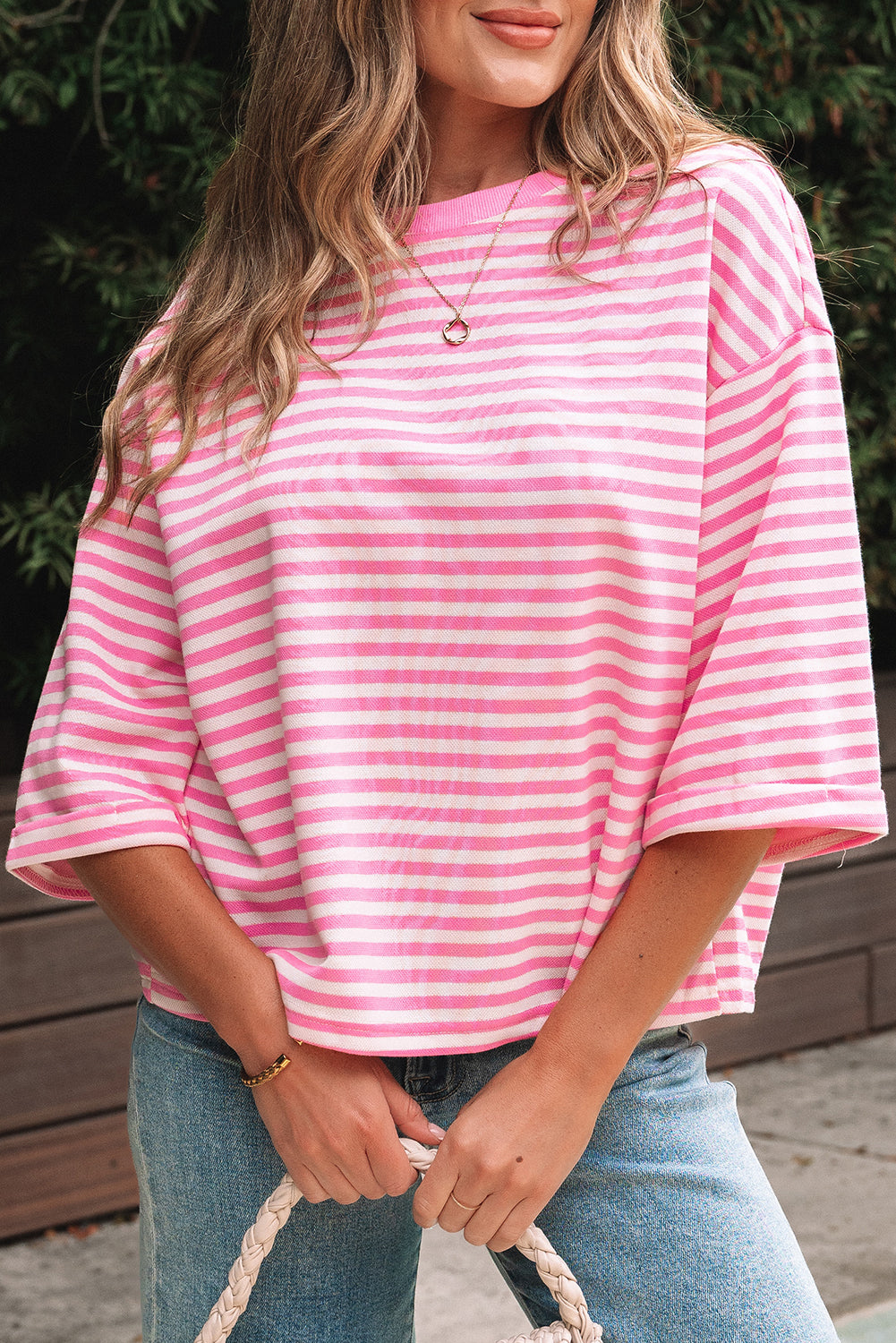 Pink Stripe Bowknot Cutout Back Drop Shoulder Wide Bracelet Sleeve Loose Tee