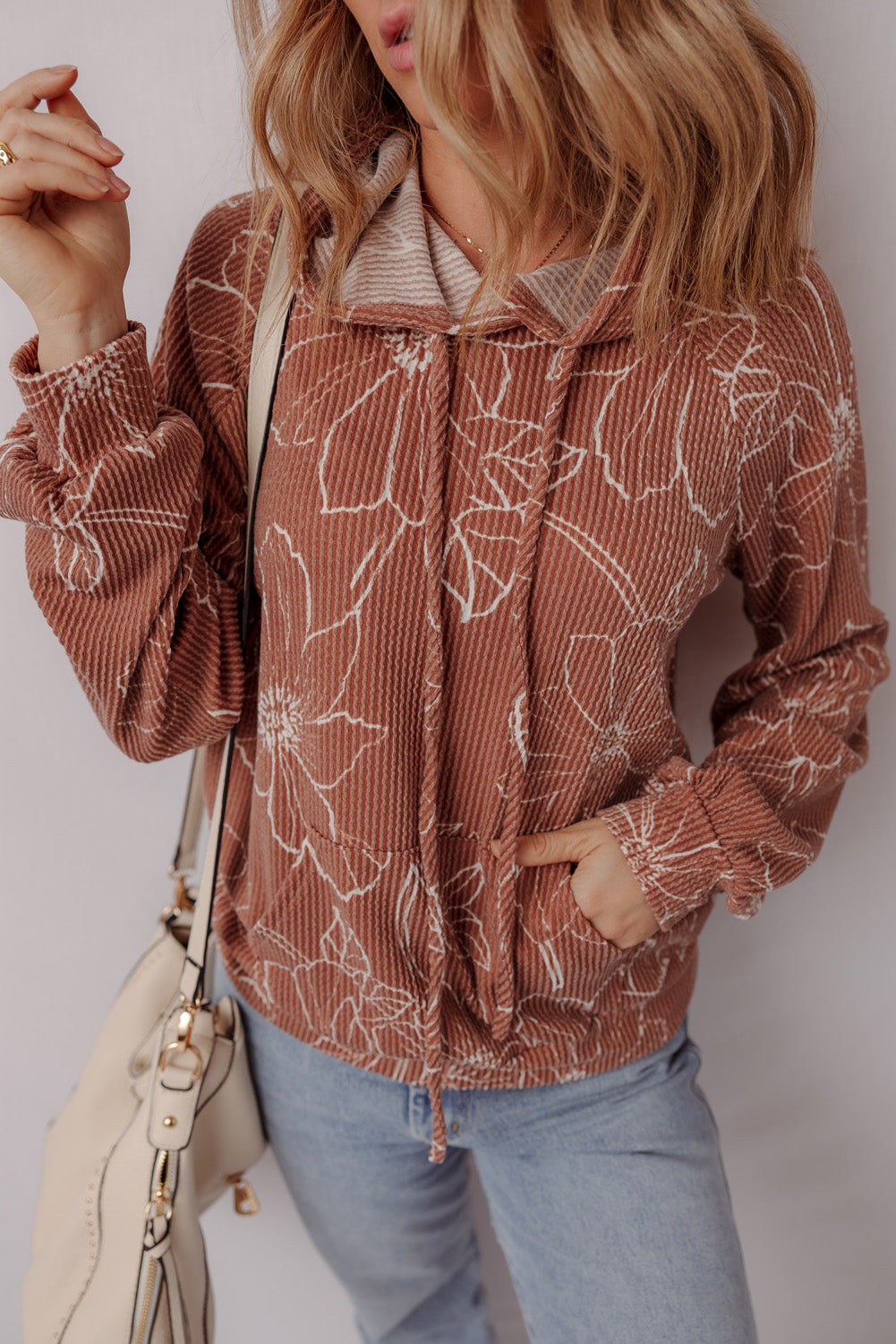 Brown Floral Twisted Rib Drawstring Kangaroo Pocket Hoodie