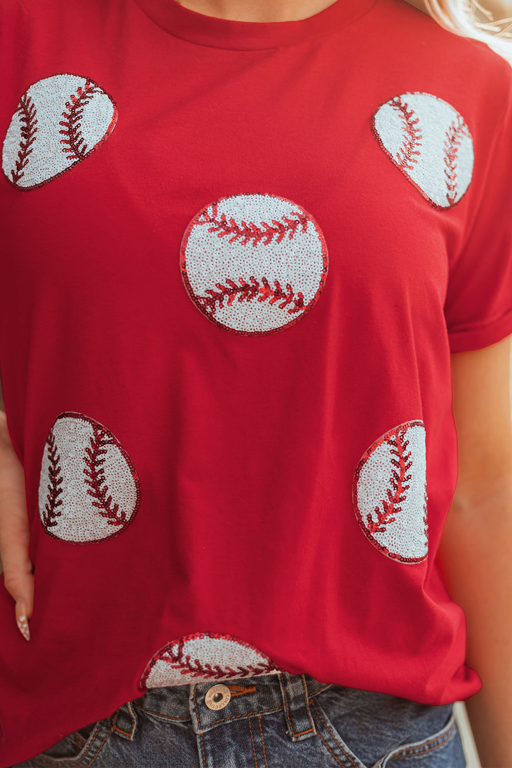 Red Glittering Rugby Pattern Crew Neck Game Day T Shirt