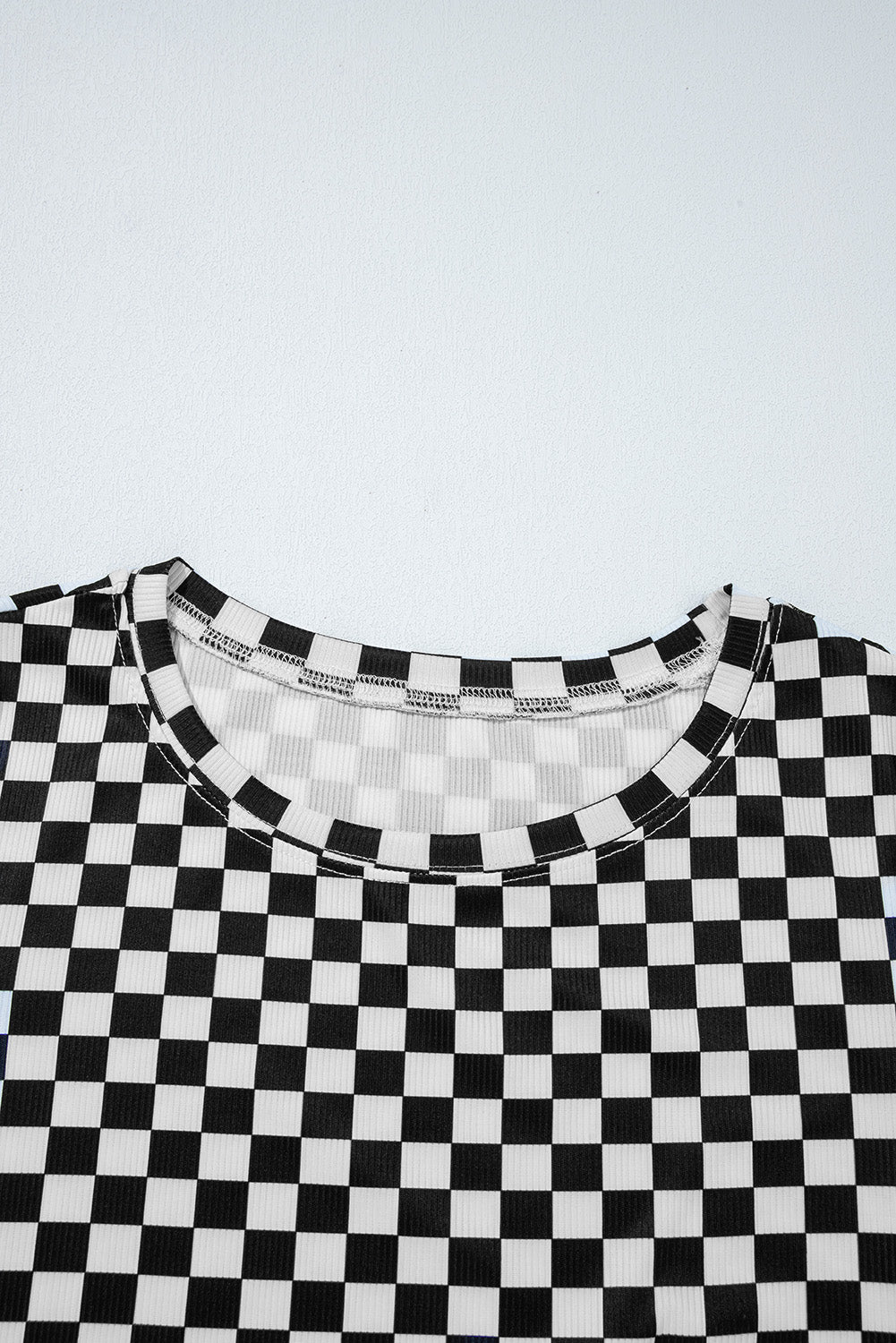 Black Checkered Ribbed Slim Fit Crew Neck T Shirt