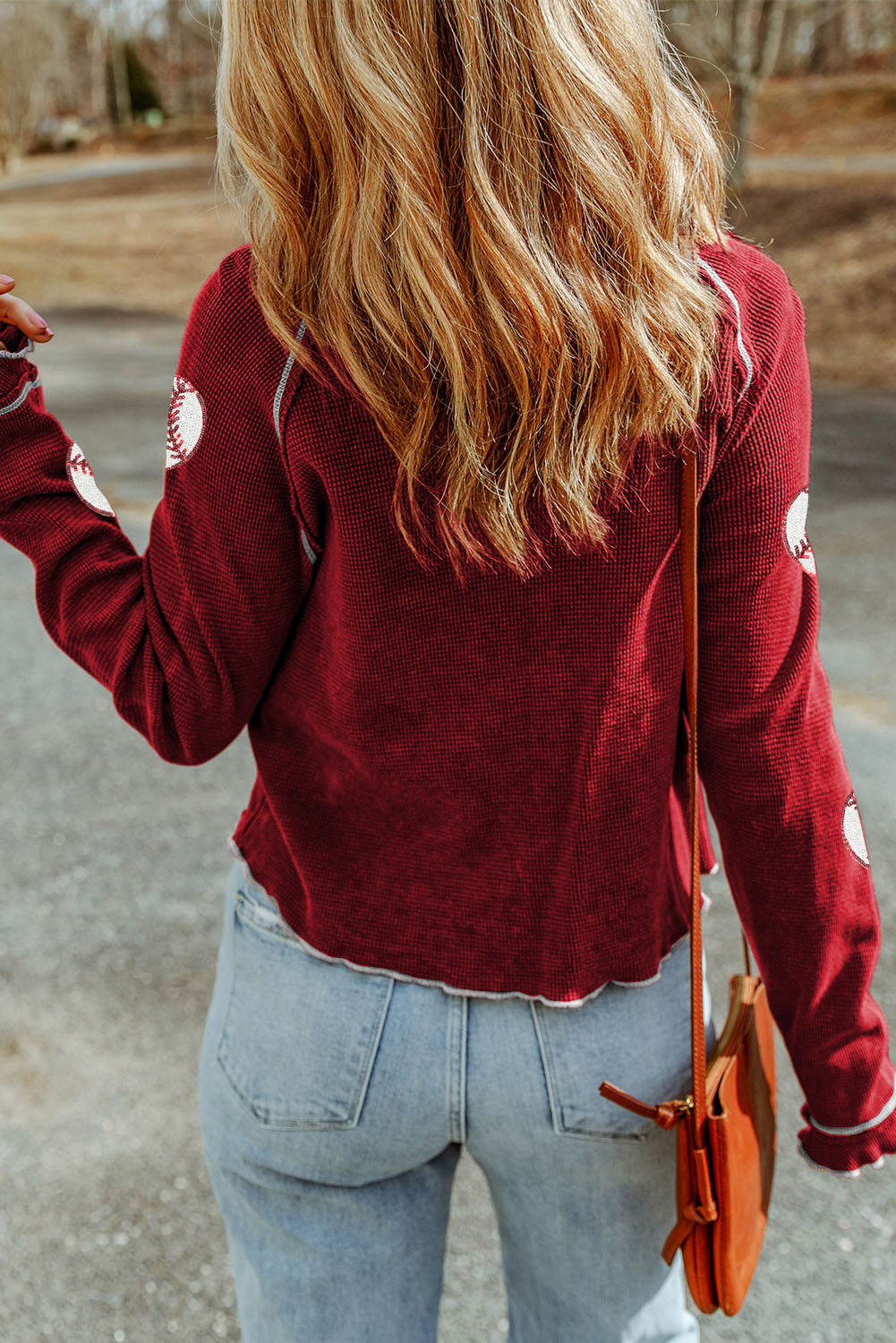 Red Baseball Patched Patterned Game Day Waffle Raglan Top