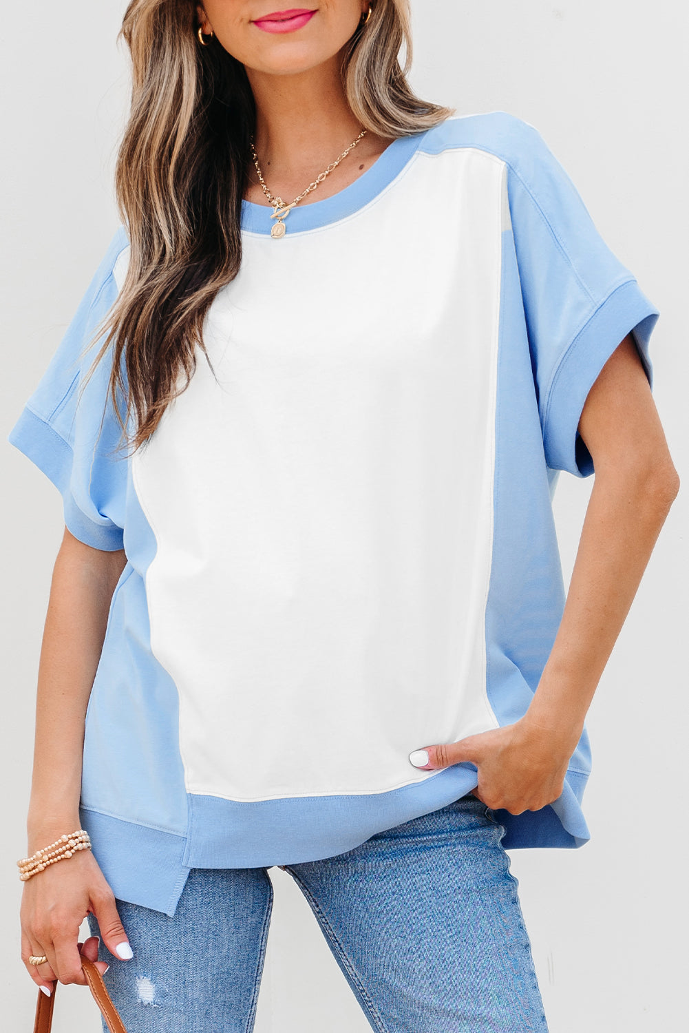 Sky Blue Color Block Exposed Seam Crew Neck T Shirt