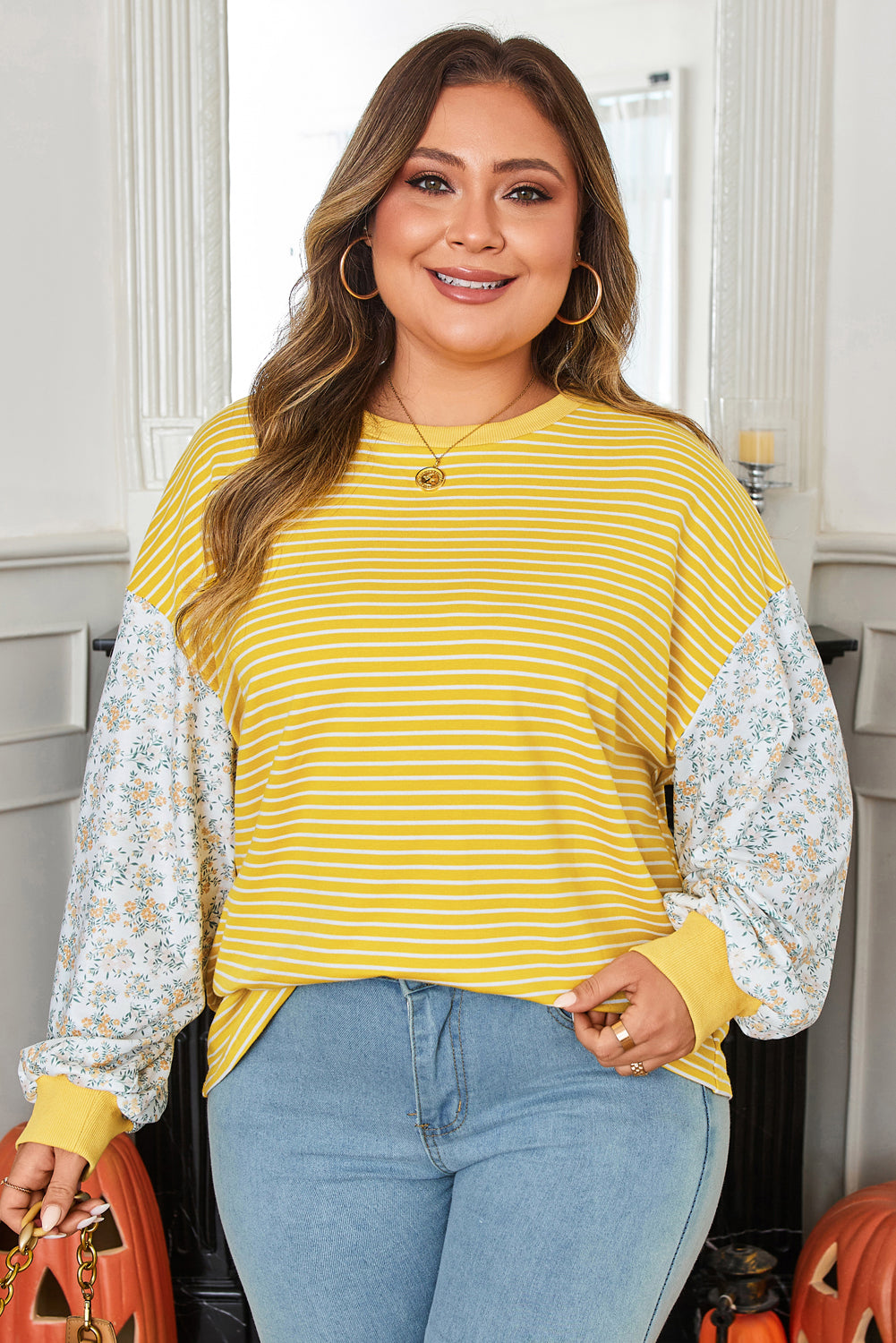 Yellow Stripe Striped Contrast Floral Sleeve Patchwork Plus Size Loose Top