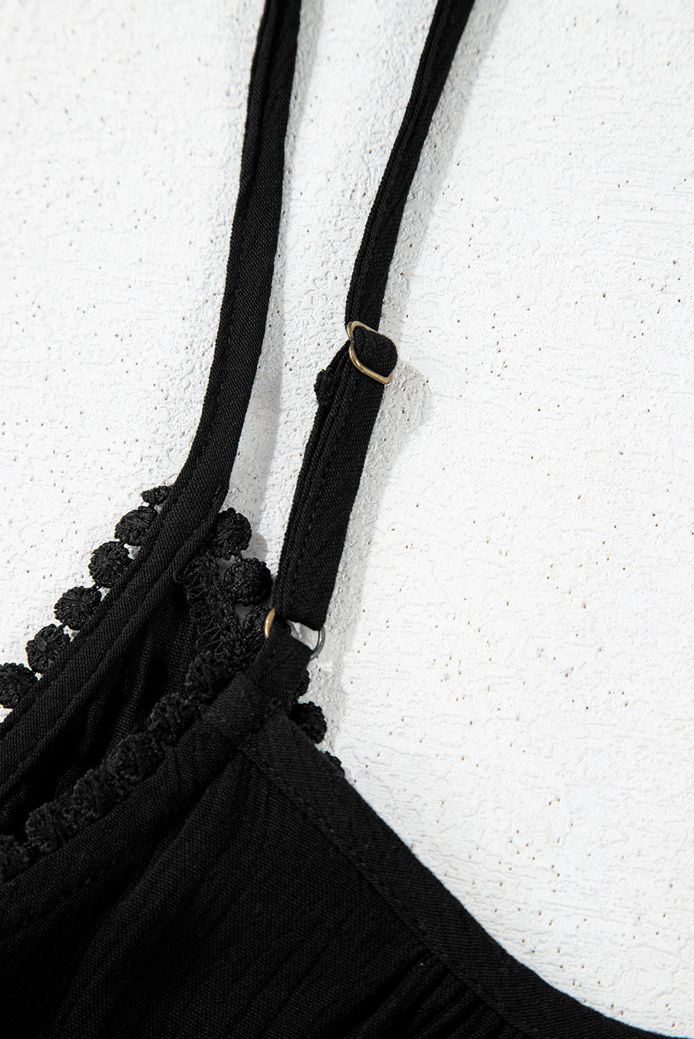 Black Floral Embroidery Ruffled Spaghetti Straps Tank Top