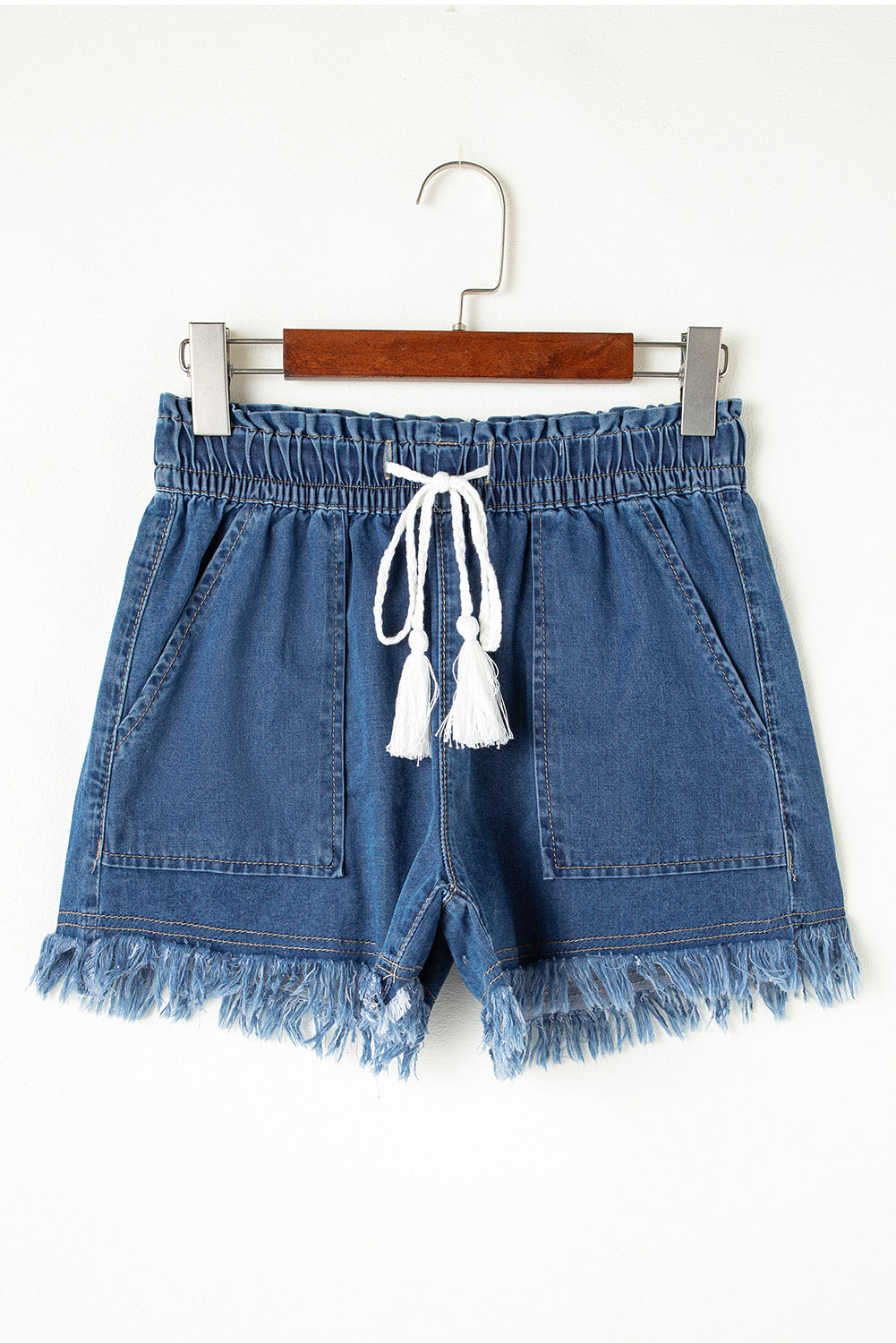 Ashleigh Blue Raw Hem Drawstring Elastic Waistband Denim Shorts with Pockets