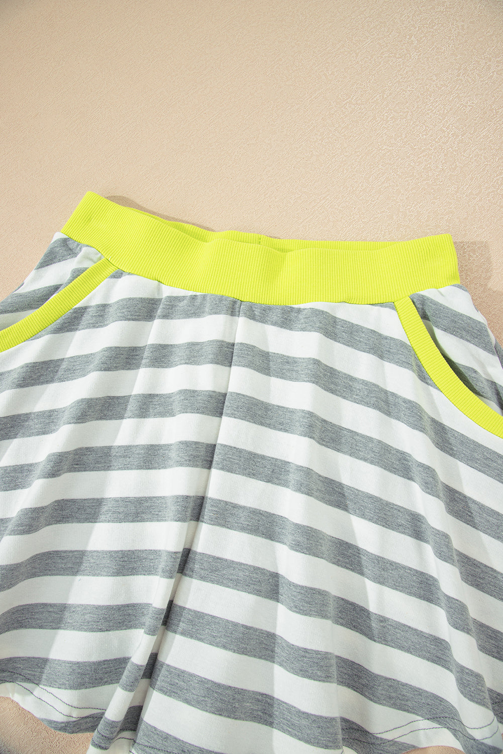 Gray Stripe Contrast Ribbed Banding Long Sleeve Blouse Loose Shorts Set