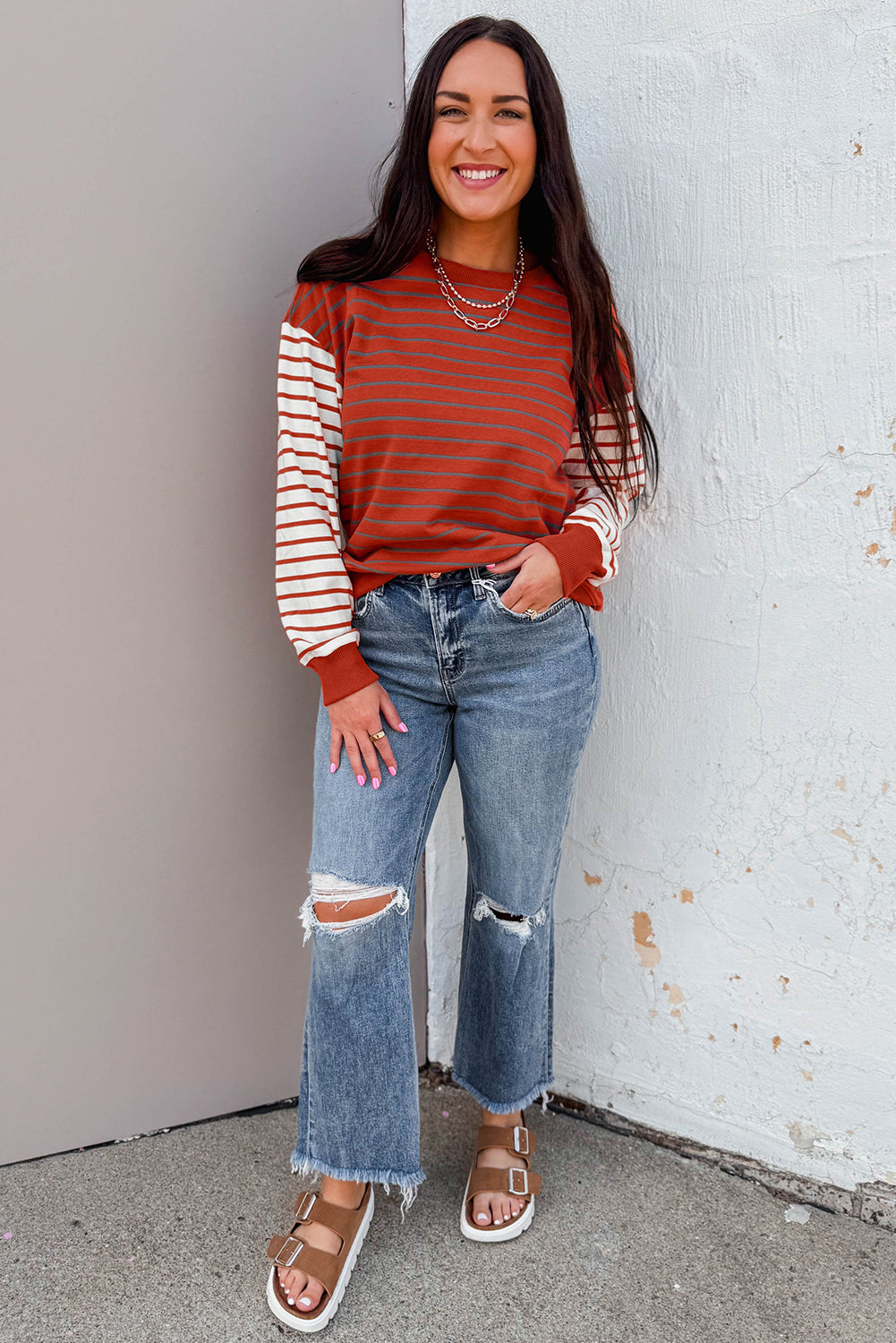 Orange Stripe Contrast Sleeve Patchwork Drop Shoulder Long Sleeve Sweatshirt