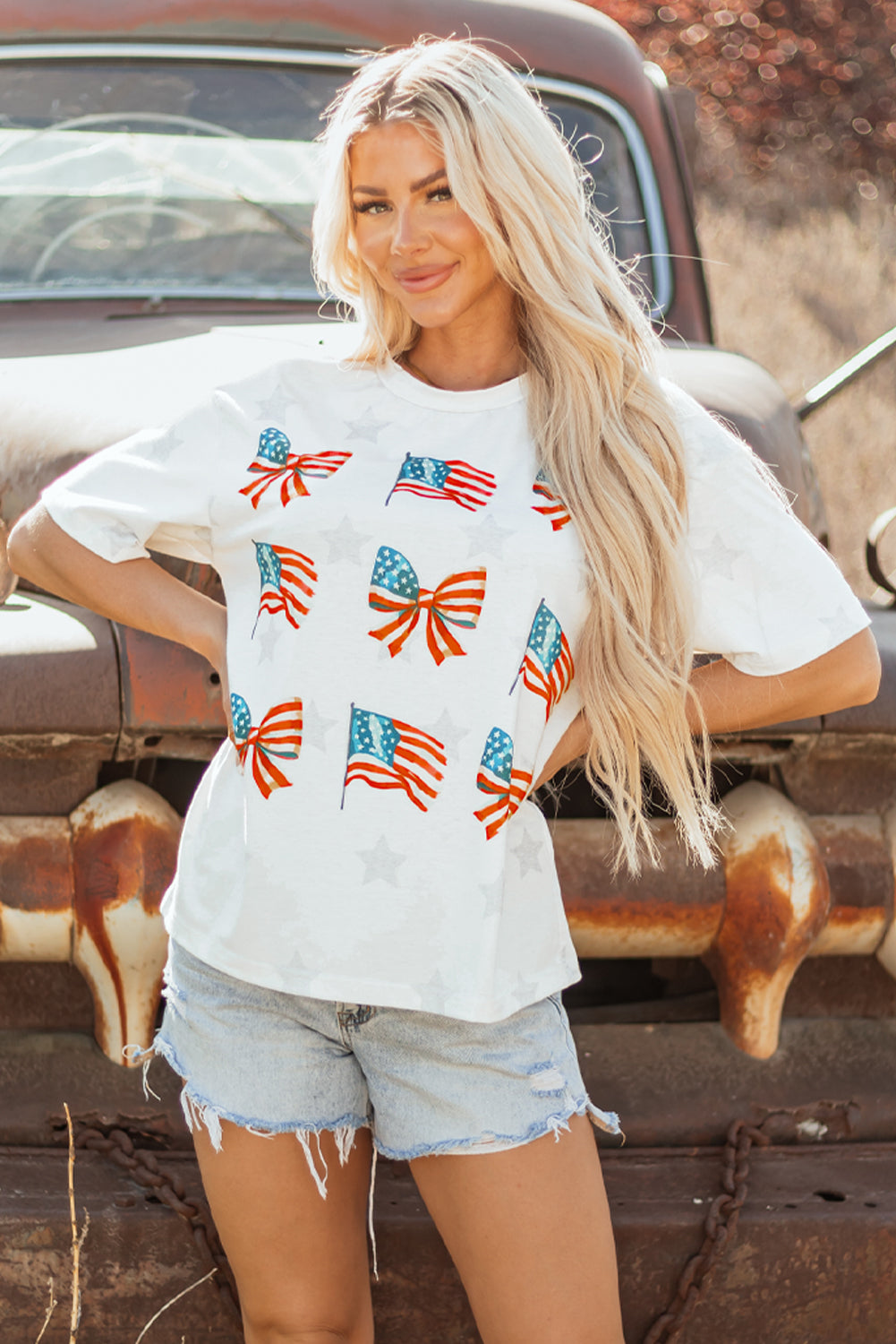 Khaki Patriotic Flag Bow Graphic Starry Round Neck T Shirt