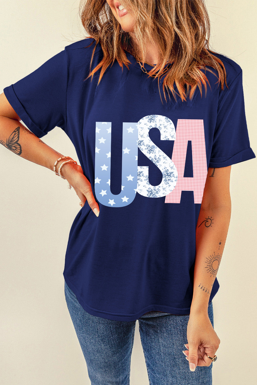 Blue USA Graphic July 4th Crew Neck T Shirt