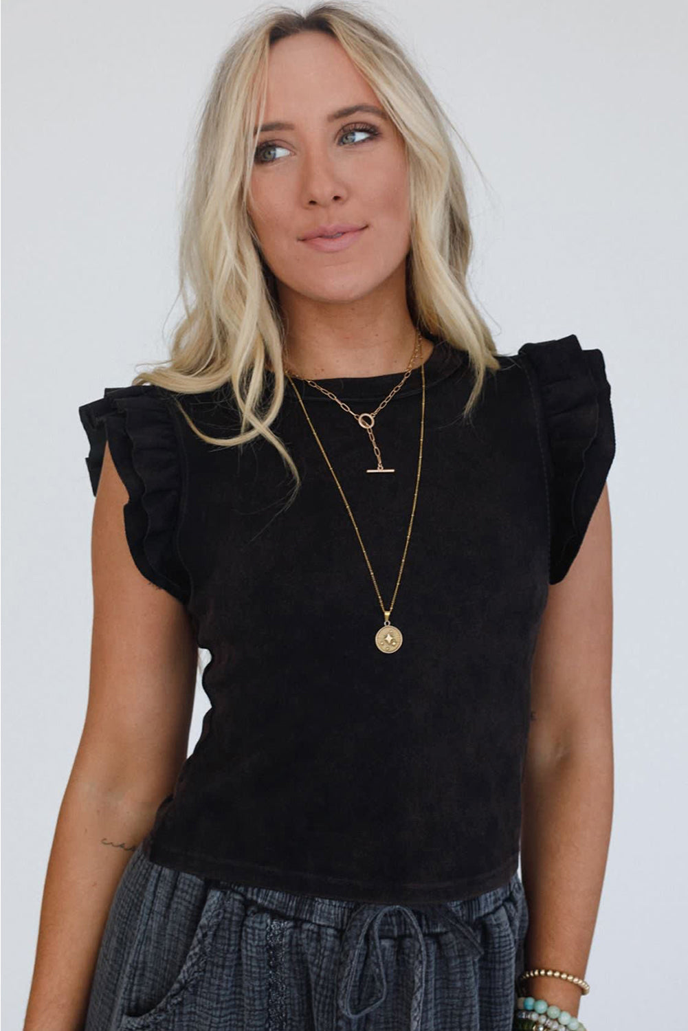 Black Ruffled Crew Neck Slim Fit Top