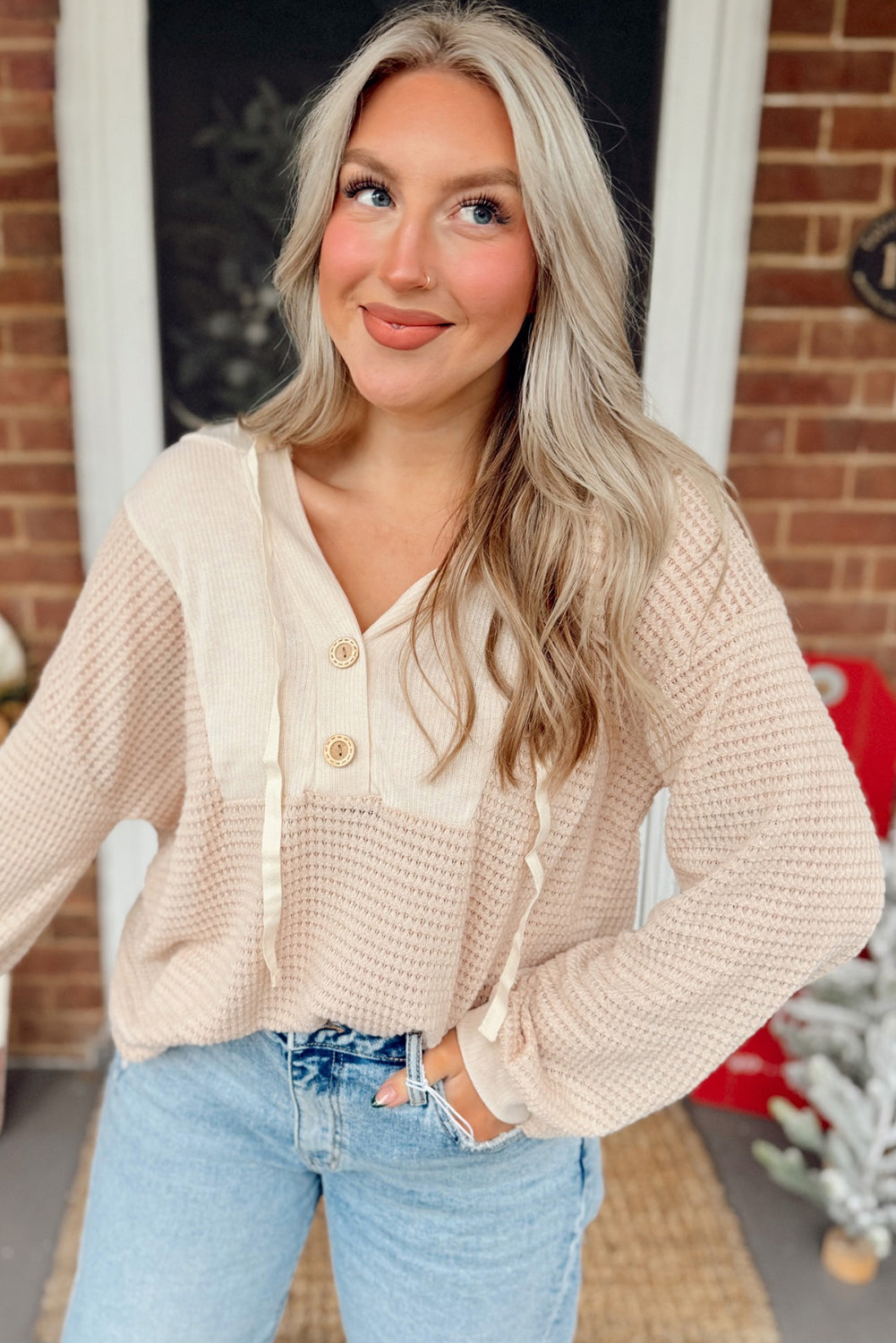 Oatmeal Waffle Patchwork Drop Shoulder Hooded Long Sleeve Top