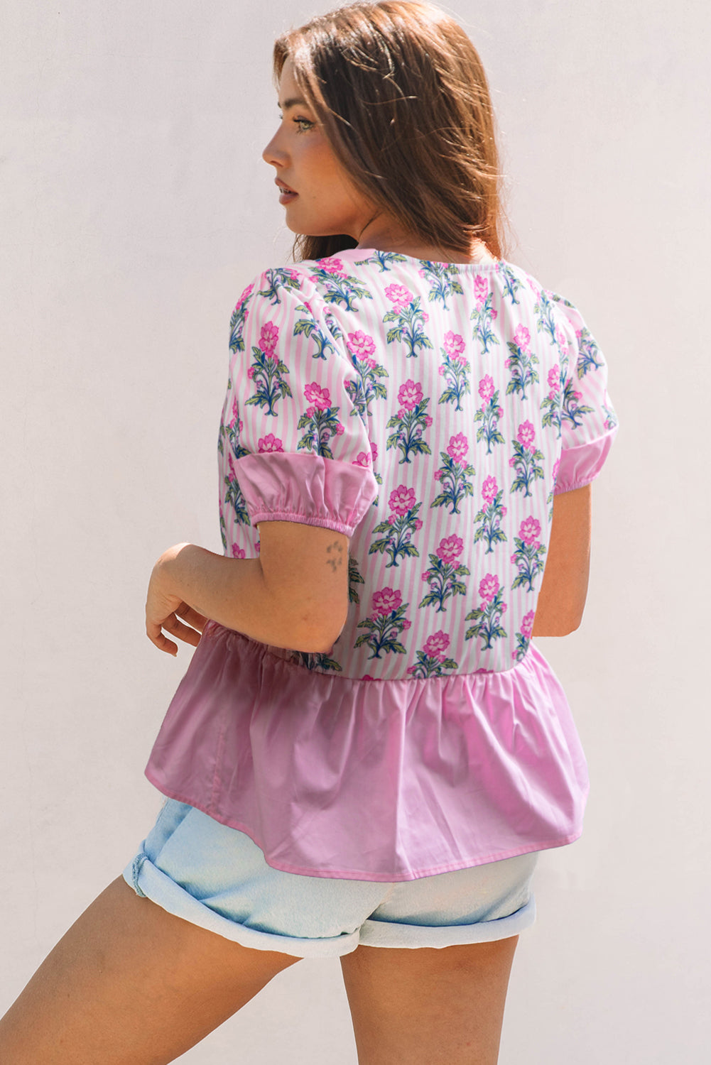 Rose Floral Striped Print Contrast Patchwork Ruffle Hem Blouse