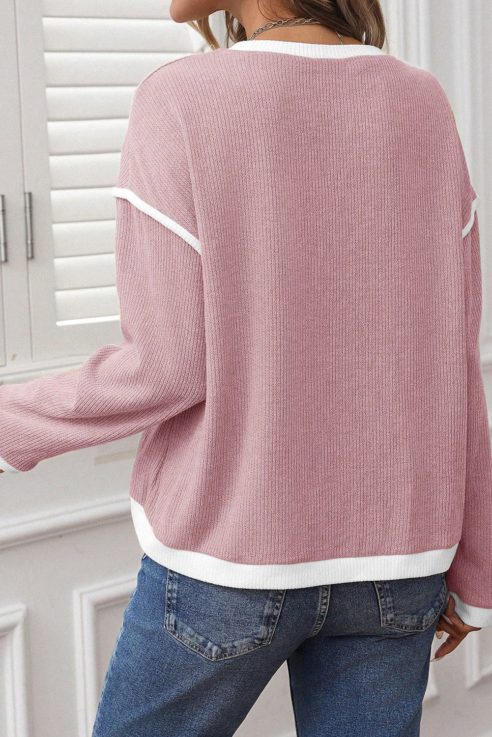 Light Pink Contrast Color Trim Knit Drop Shoulder Loose Top