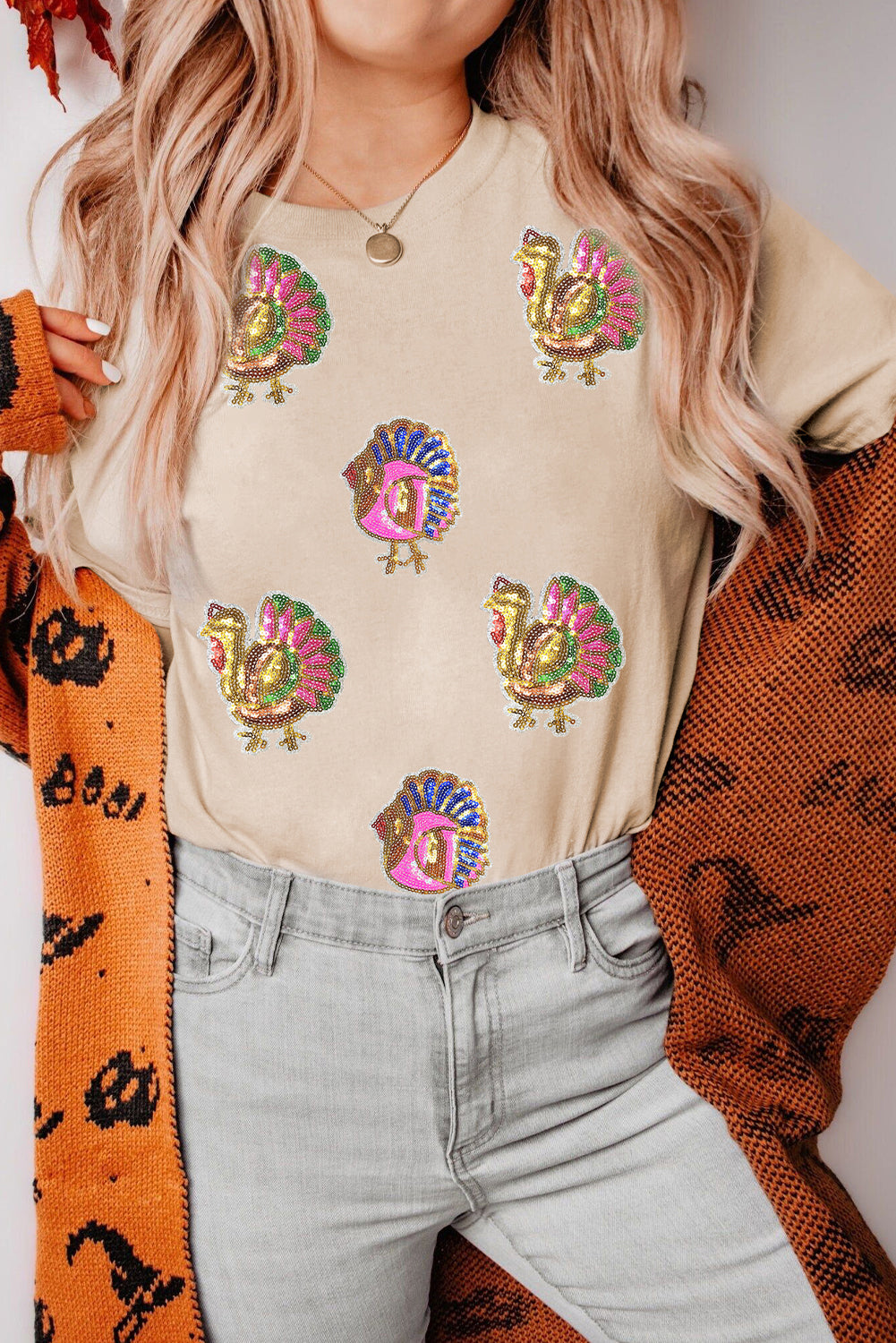 Khaki Sequin Turkey Patched Thanksgiving Graphic Tee