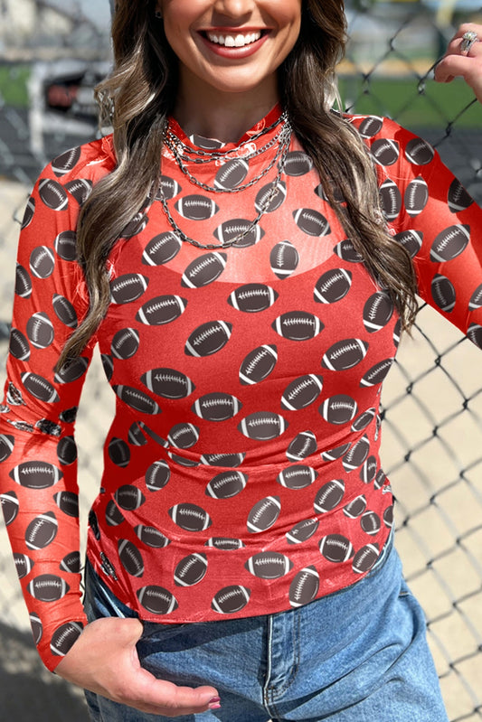 Red Game Day Rugby Mesh Sheer Long Sleeve Top